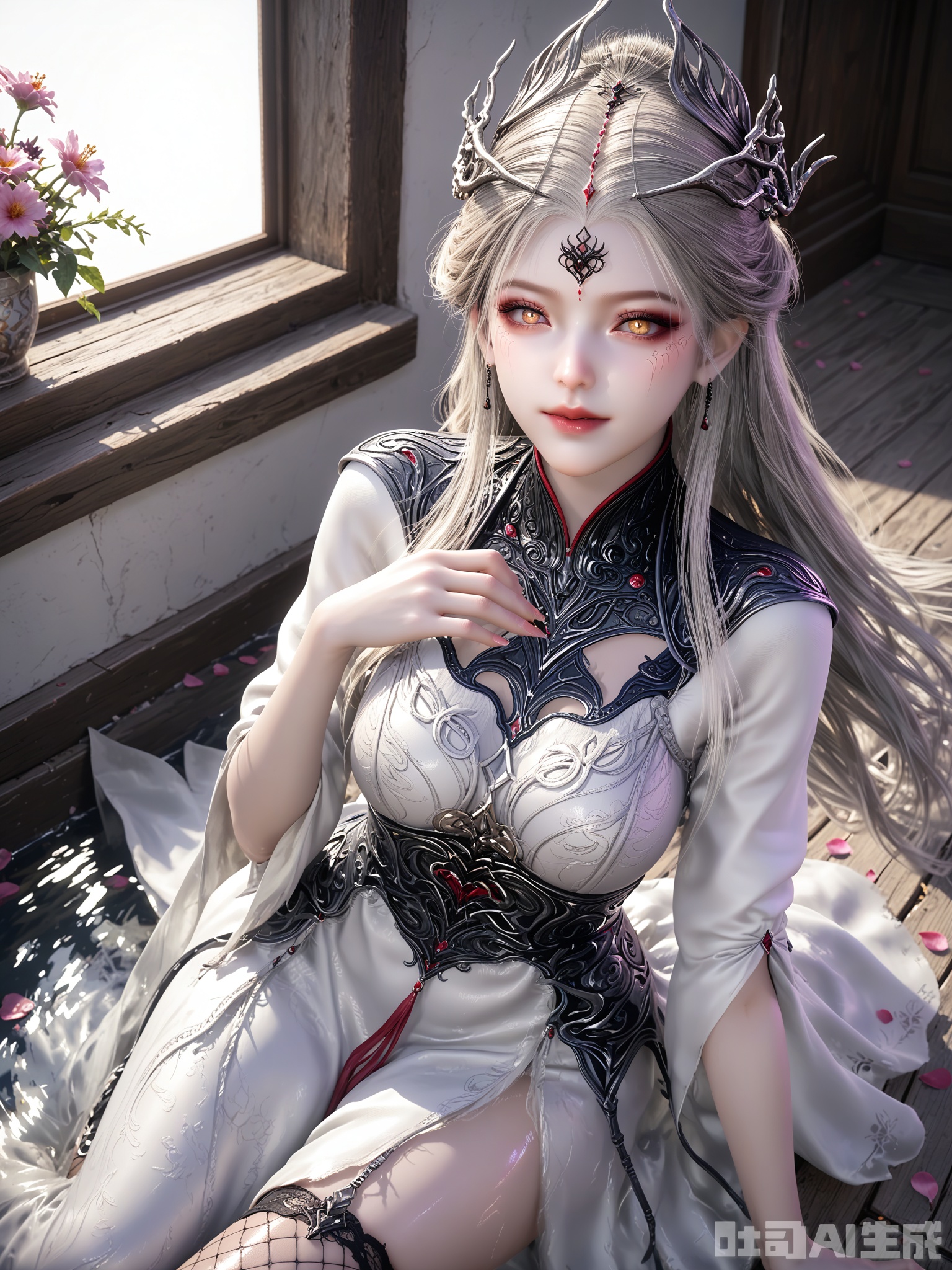 示词score_9,score_8_up,score_7_up,1girl,looking_at_viewer,realistic,1girl,Vivid Colors,bright environment,sunshine,god light,delicate water,hair_ornament,shiny skin,shiny hair,reflection,(wariza:1.2),dress,flower sea,falling petals,extreme detail description,bright sunlight,frontal lighting,(upper body:0.3),put one hand on your chest,hair,long_hair,(skindentation:1.3),Fishnet stockings,hair,sunshine on face,bright_pupils,light_eyes,sitting_down