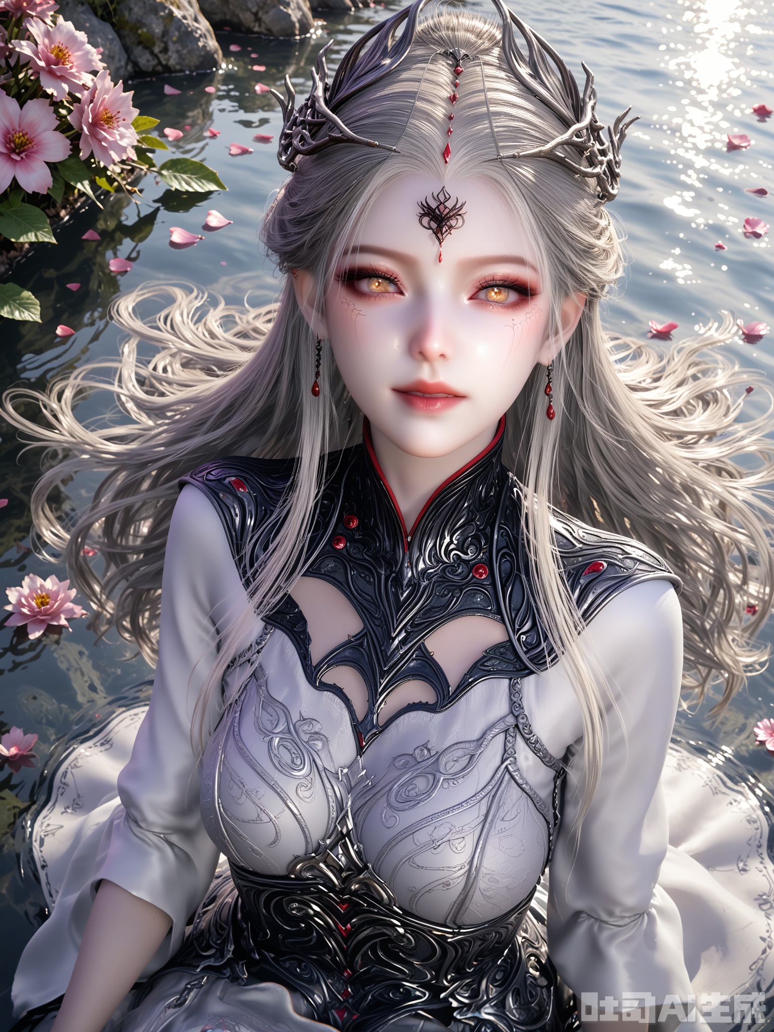示词score_9,score_8_up,score_7_up,1girl,looking_at_viewer,realistic,1girl,Vivid Colors,bright environment,sunshine,god light,delicate water,hair_ornament,shiny skin,shiny hair,reflection,(wariza:1.2),dress,flower sea,falling petals,extreme detail description,bright sunlight,frontal lighting,(upper body:1),put one hand on your chest,hair,long_hair,(skindentation:1.3),Fishnet stockings,hair,sunshine on face,bright_pupils,light_eyes,sitting_down