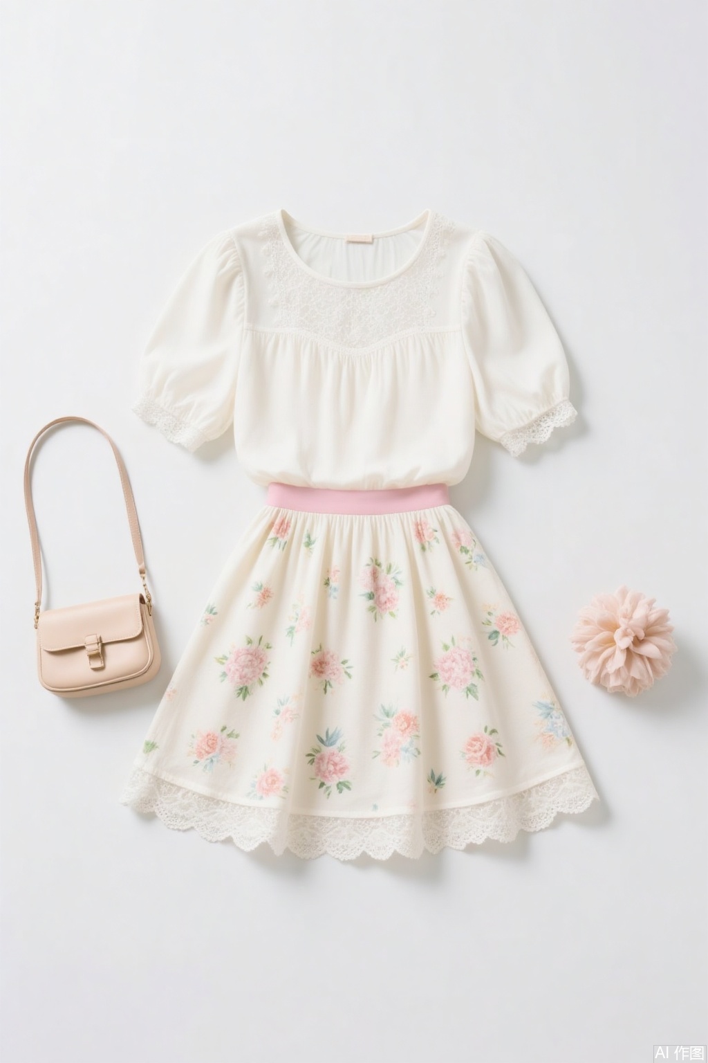 White short - sleeved blouse with lace, floral - printed A - line skirt (with a pink waistband and lace - trimmed hem), light beige flat shoes, light beige handbag. The overall style is sweet and fresh, featuring elements of pastoral or girly fashion.