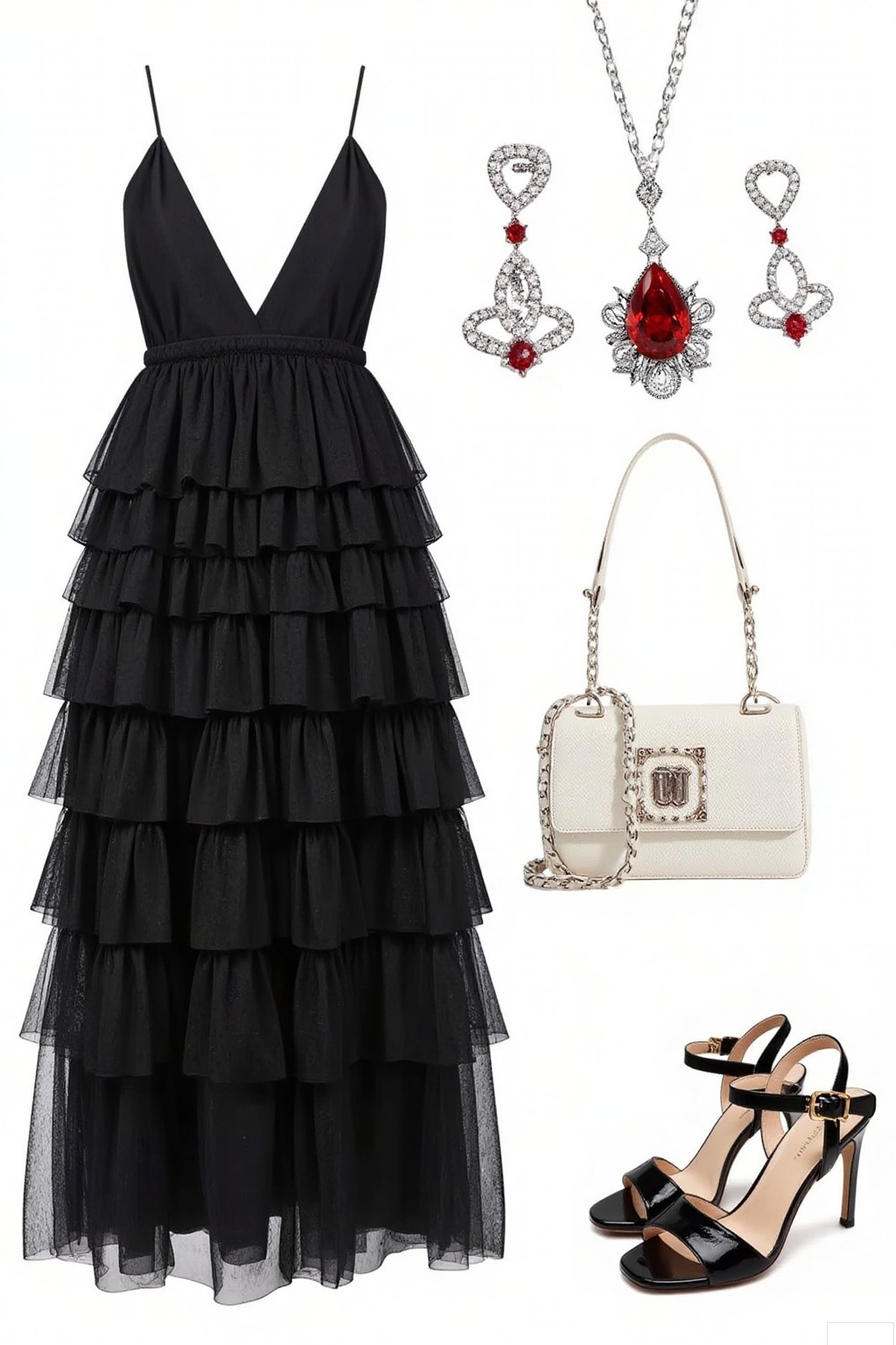 Black spaghetti - strap tiered tulle dress. Red and diamond - encrusted drop - style earrings. Red gemstone ring surrounded by diamonds. Red and diamond - embellished pendant necklace. White handbag with chain strap and red decorative element. Black strappy high - heeled sandals. The ensemble exudes an elegant and glamorous vibe, perfect for formal occasions.