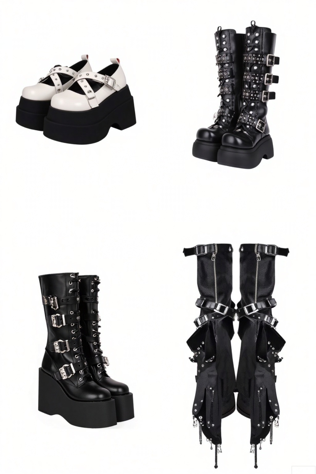 Edgy black footwear with punk - inspired designs. Two pairs of platform shoes with multiple straps and stud embellishments, adding a bold, stylish look. Two pairs of tall boots, one featuring multiple buckled straps and studs, the other with a sleek zipper and a single buckle, all exuding a cool, rebellious vibe.