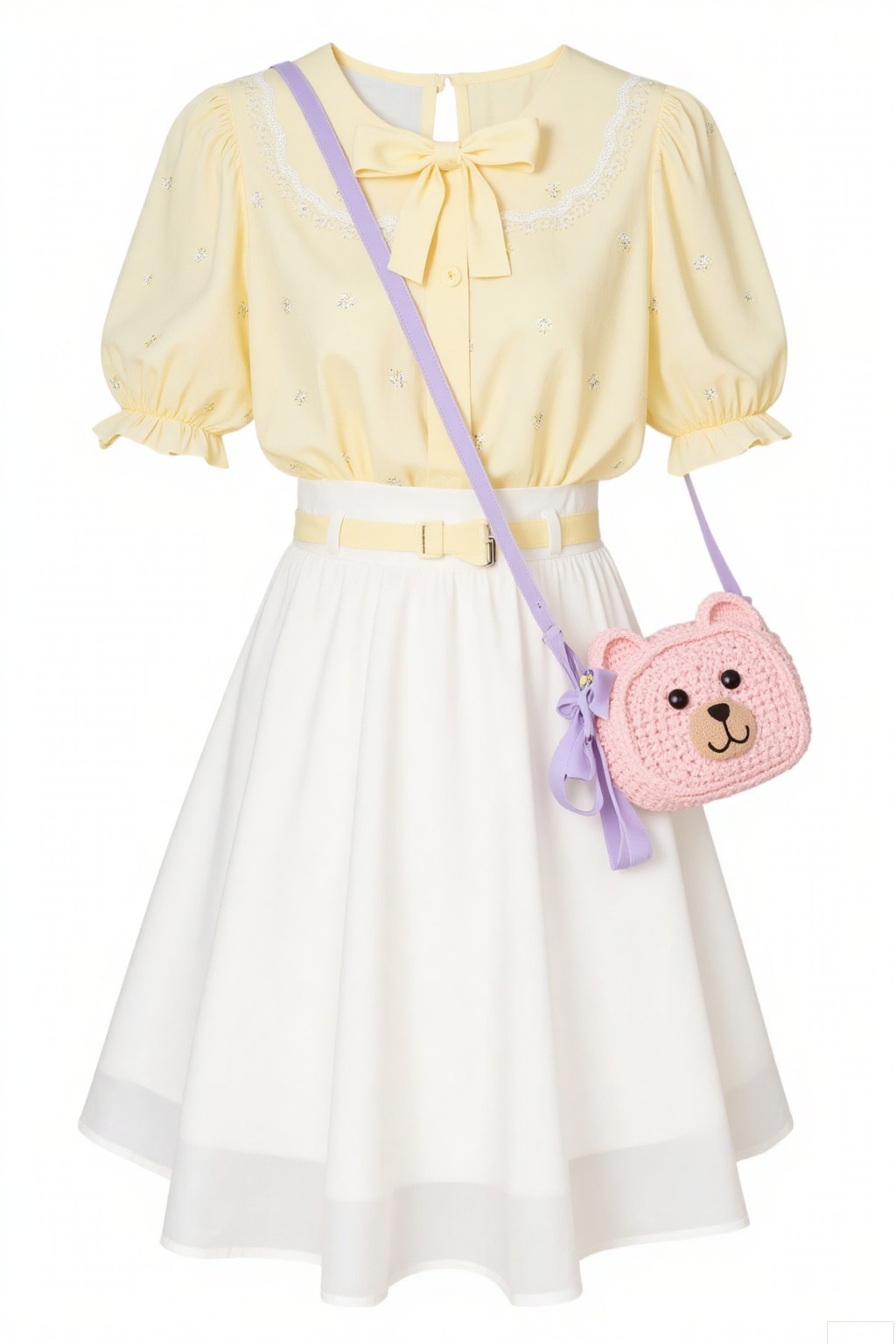 A light yellow short - sleeved blouse with puff sleeves, adorned with small floral patterns and a bow at the neckline. A white A - line skirt with a matching light yellow belt. A crocheted pink teddy - bear - shaped crossbody bag with a purple strap and ribbon. Beige Mary - Jane shoes with cross - strap detailing. The overall look is sweet and girlish, perfect for a spring or summer day.