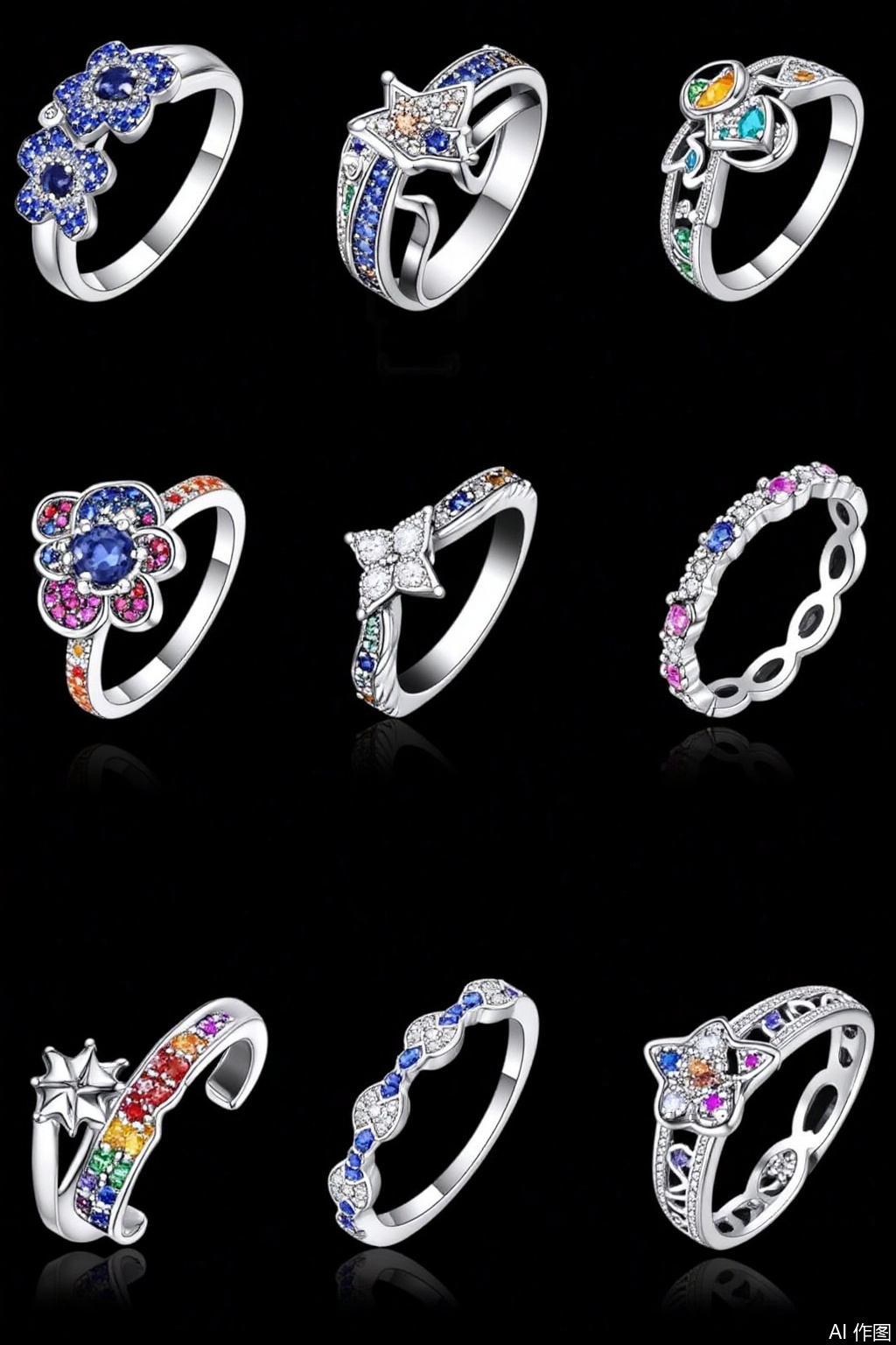Silver rings with diverse designs. Embellished with blue sapphires, cubic zirconia, and other colorful gemstones. Styles include floral - inspired, leaf - shaped, celestial - themed (stars, moons), and infinity - loop designs. Some rings feature a combination of gemstones in rainbow hues, while others have a more minimalist look with a single prominent stone or delicate patterns.