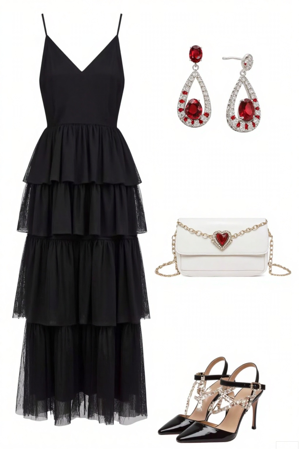 Black spaghetti - strap tiered tulle dress. Red and diamond - encrusted drop - style earrings. Red gemstone ring surrounded by diamonds. Red and diamond - embellished pendant necklace. White handbag with chain strap and red decorative element. Black strappy high - heeled sandals. The ensemble exudes an elegant and glamorous vibe, perfect for formal occasions.