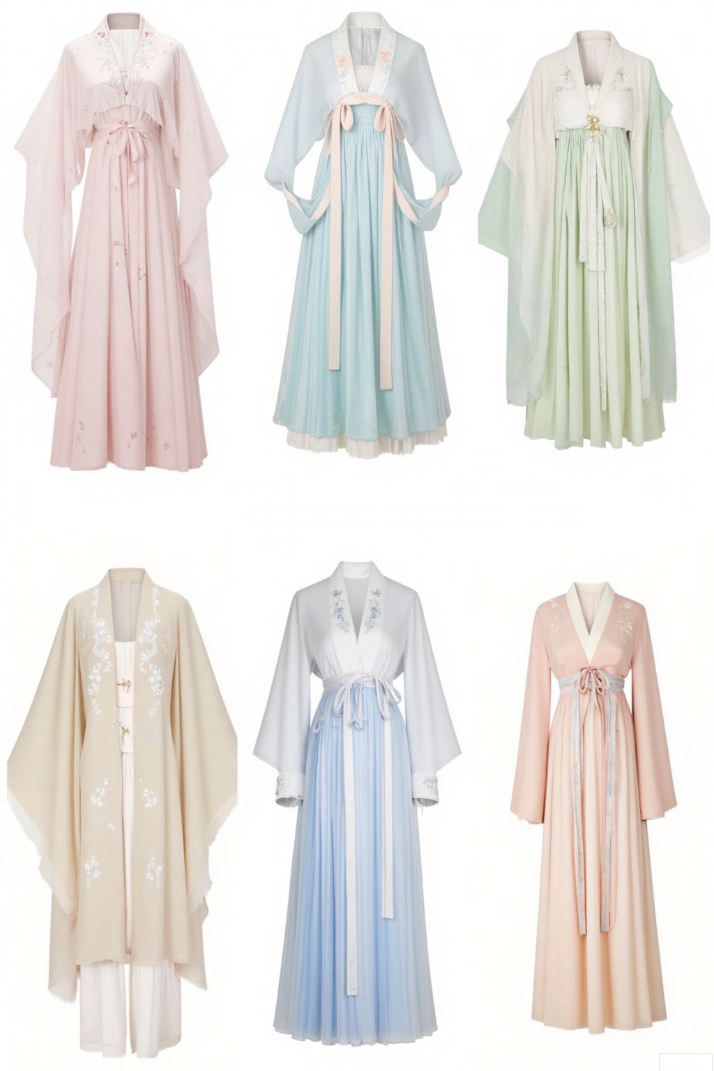Traditional Hanfu garments. Various styles including robes with delicate embroidery, flowing sleeves, and sashes in soft pastel colors like light pink, mint green, sky blue, and beige. Some pieces feature fluffy trims or layered designs, showcasing classic Chinese aesthetic elements such as floral patterns and traditional knot - tying.