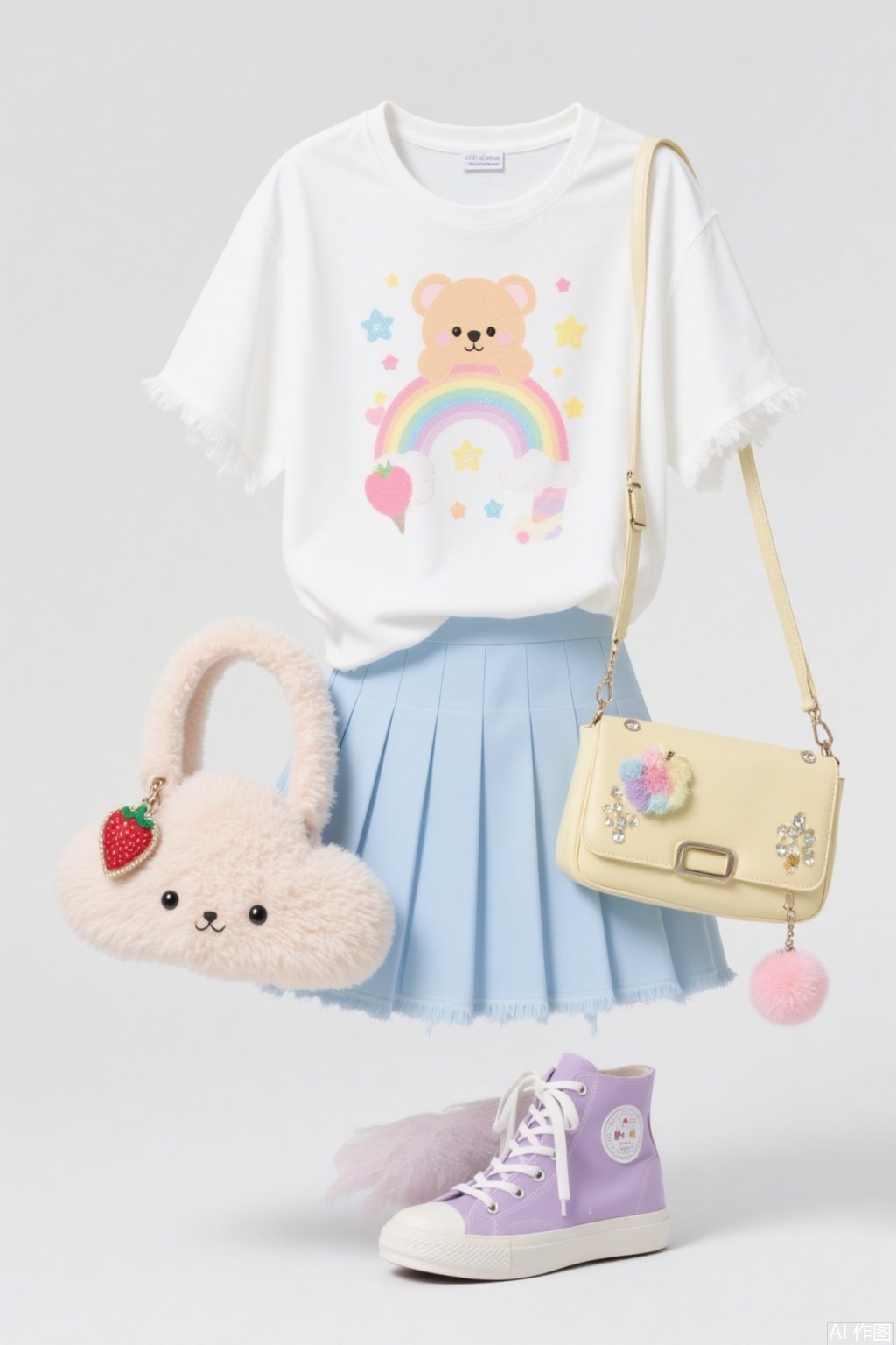 White short - sleeved T - shirt with frayed edges, featuring a cute bear graphic alongside a rainbow, stars, a cloud and an ice - cream. Light blue pleated skirt. Fluffy cloud - shaped crossbody bag in yellow, adorned with rhinestones, and embellished with a pink pom - pom and a strawberry charm. Light purple high - top sneakers with white soles and laces. The overall style is playful and sweet, full of youthful and cute elements.