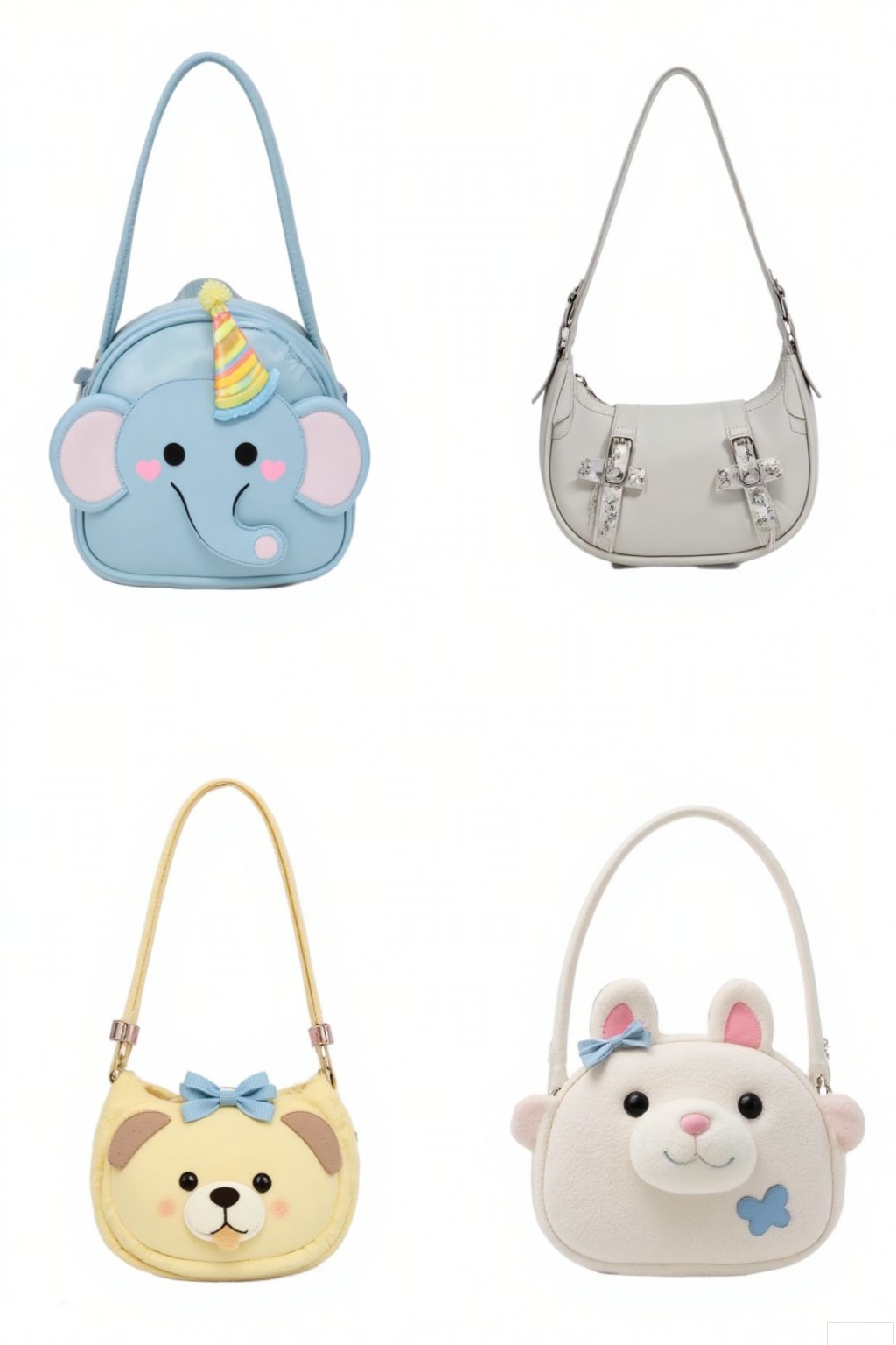 Cute - style bags. A light blue backpack shaped like an elephant, adorned with a party hat and paw prints. A light gray handbag with bow and heart - shaped decorations. A white plush rabbit - themed backpack with a blue bow. A yellow plush dog - shaped backpack, complete with a pink bow on its head. These bags are perfect for adding a touch of charm to outfits and are great for those with a penchant for cute accessories.