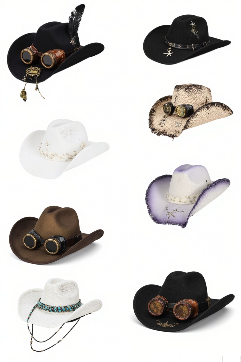 Cowboy hats with diverse designs. A black hat with steampunk - style goggles; brown hats with feather and bead adornments; a black hat with a leather band and metal buckle; a white hat with a snake - skin pattern; a hat with a gradient from purple to black; a white hat with a turquoise - embellished band; and others featuring intricate embroidery and unique textures.