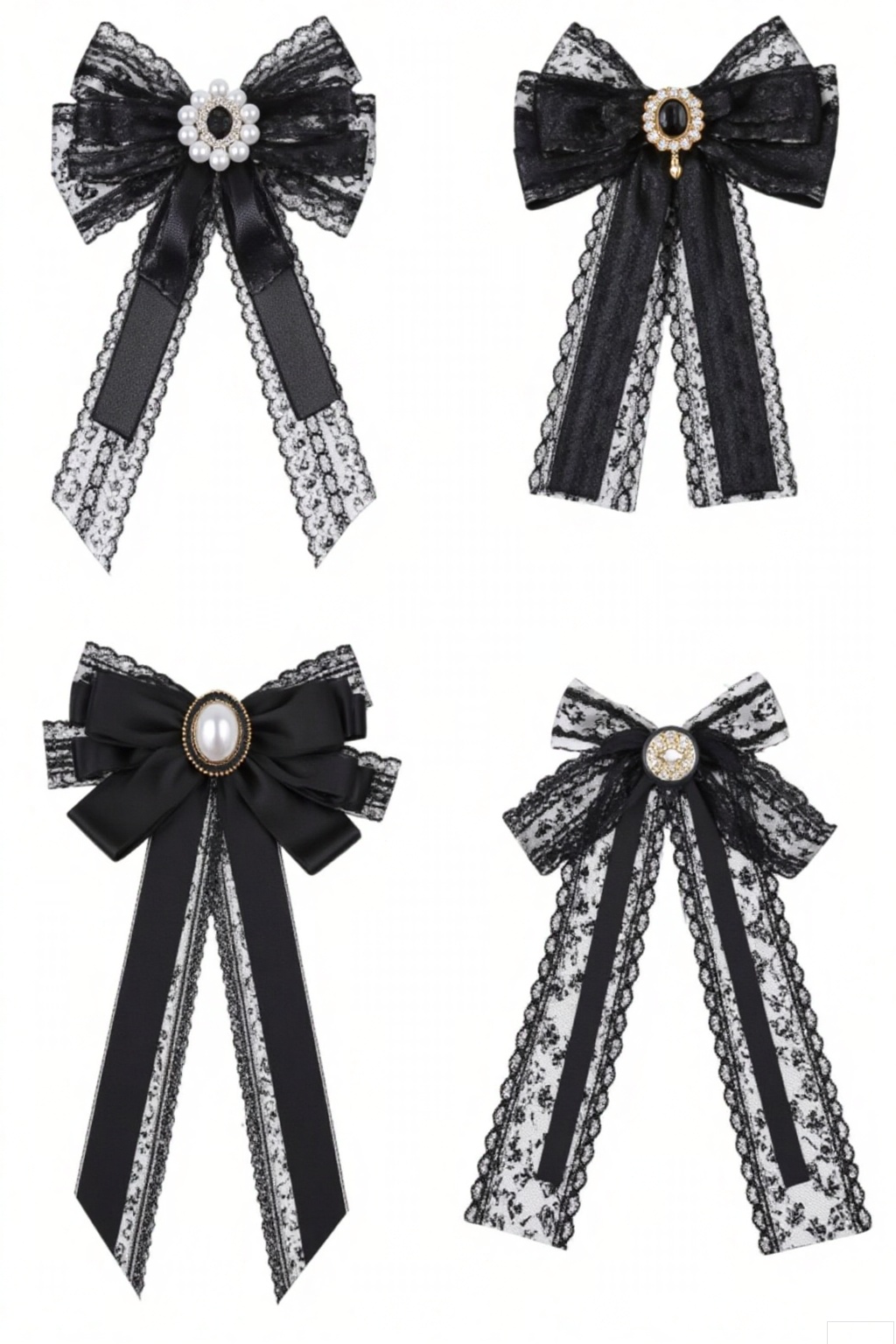 Black bows with lace details, featuring embellishments like pearls, rhinestones, and brooches. Styles range from large bows with long flowing ribbons to smaller, more compact ones, suitable for adorning hair, clothing, or accessories, exuding an elegant and classic charm.