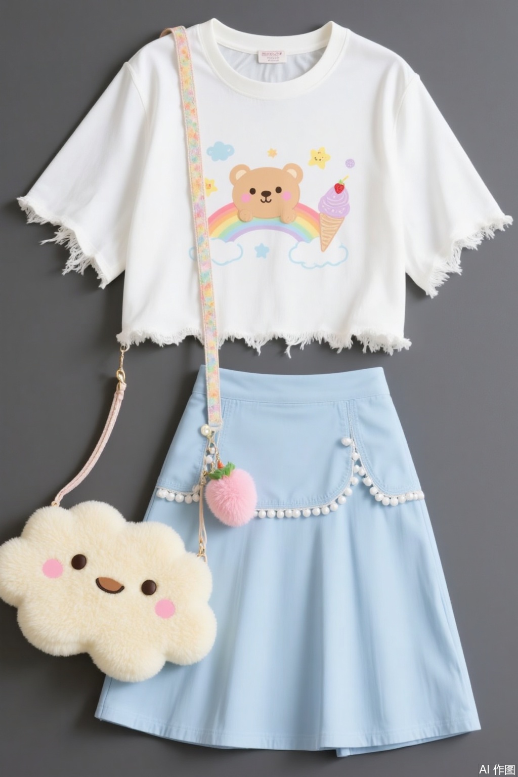 White short - sleeved T - shirt with frayed edges, featuring a cute bear graphic alongside a rainbow, stars, a cloud and an ice - cream. Light blue pleated skirt. Fluffy cloud - shaped crossbody bag in yellow, adorned with rhinestones, and embellished with a pink pom - pom and a strawberry charm. Light purple high - top sneakers with white soles and laces. The overall style is playful and sweet, full of youthful and cute elements.