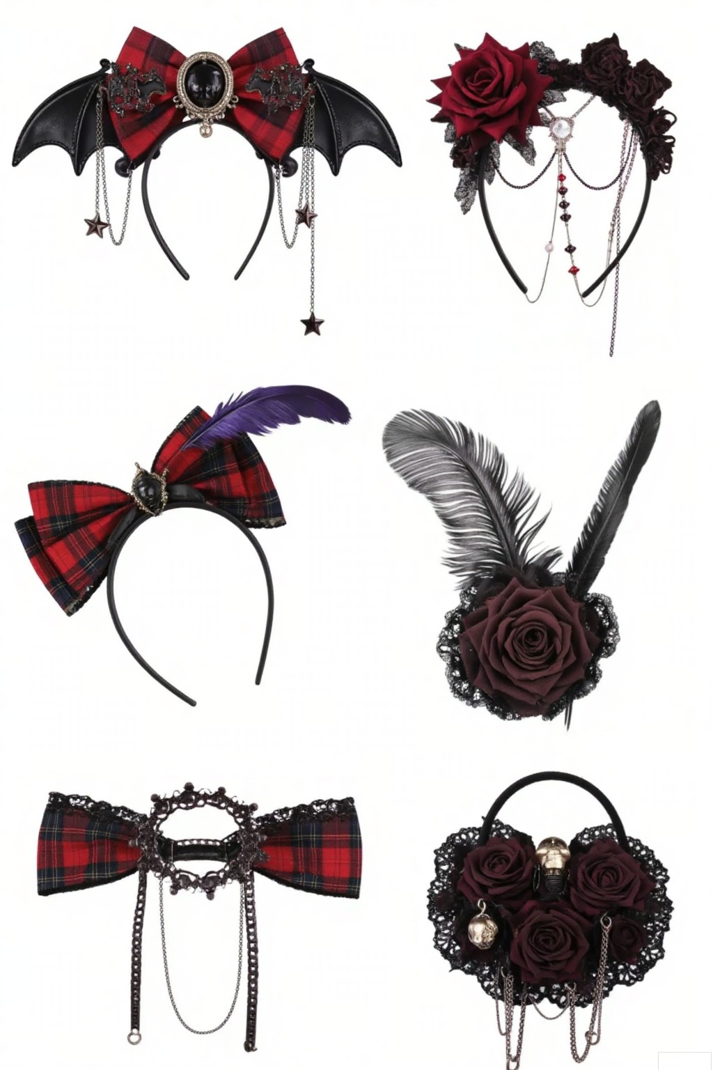 Gothic - Lolita - style hair accessories. Bat - winged bow with chains and star embellishments; large red rose hair clip with bead chains; dark feather hairpin with a red rose; black and red striped bow with lace edging; black bow headband with plaid pattern and chain details; headband adorned with black roses and a small skull.
