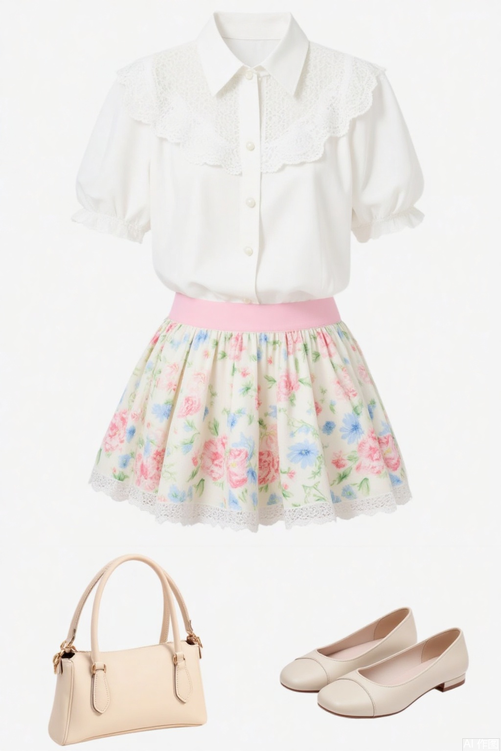 White short - sleeved blouse with lace, floral - printed A - line skirt (with a pink waistband and lace - trimmed hem), light beige flat shoes, light beige handbag. The overall style is sweet and fresh, featuring elements of pastoral or girly fashion.