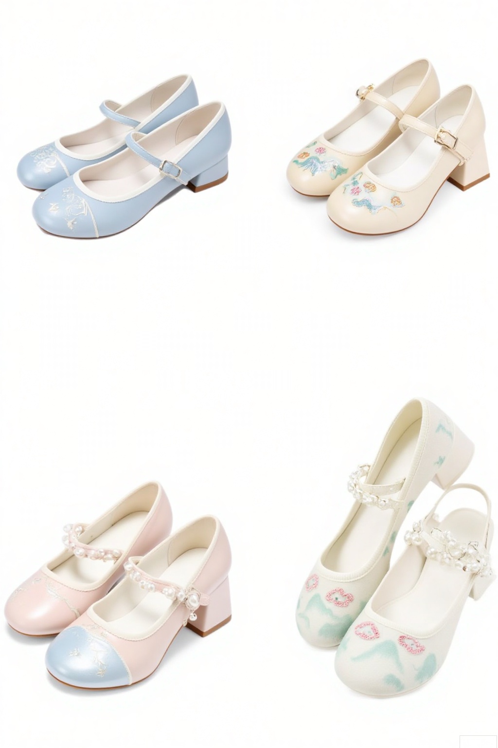 Traditional - style Chinese shoes, also known as Hanfu shoes. In light pastel colors like light blue and beige, they feature delicate embroidery of patterns such as waves, flowers, and clouds. Some have single - strap or double - strap designs, with one pair adorned with pearl embellishments, exuding an elegant and classic charm.