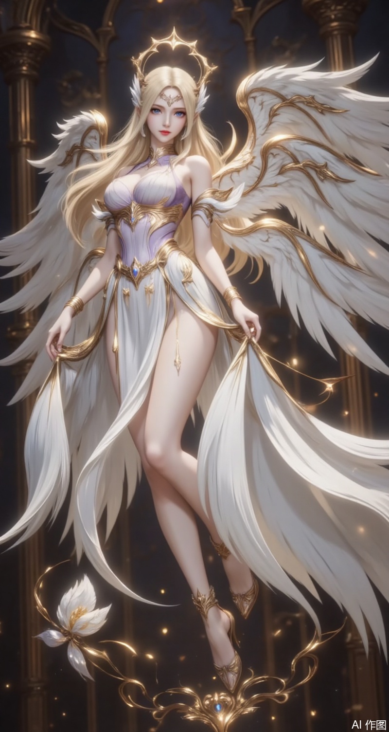 baoshi,lvjing,qianrenxue,1girl,wings,blonde hair,angel wings,long hair,solo,dress,blue eyes,breasts,flower,black_background,looking at viewer,jewelry,angel,white dress,halo,anklet,bracelet,full body,feathered wings,bare shoulders,armlet,white wings,9,
cover,simple background,gradient background,close-up details,outstanding style,adding a touch of dimension to your images without compromising details,close-up,
