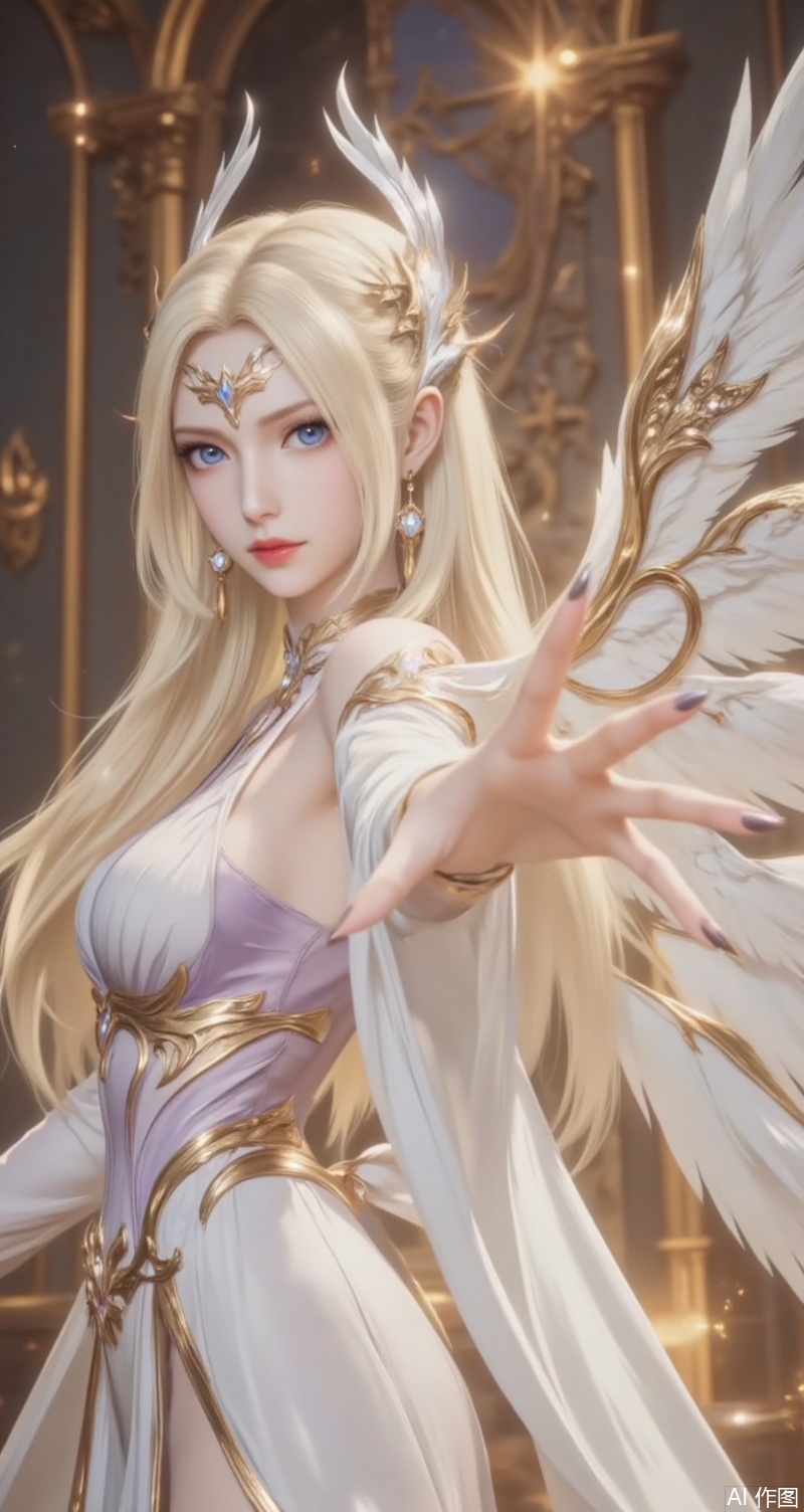 baoshi,lvjing,qianrenxue,1girl, blonde hair, wings, long hair, solo, dress, blue eyes, white dress, angel wings, jewelry, hair ornament, earrings, detached sleeves, outstretched hand, indoors, looking at viewer,4
cover,simple background,gradient background,close-up details,outstanding style,adding a touch of dimension to your images without compromising details,close-up,
