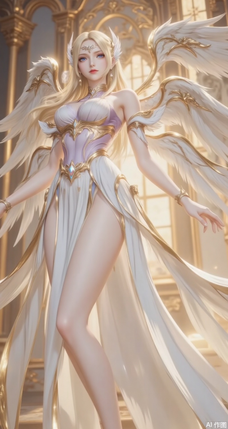 baoshi,lvjing,qianrenxue,1girl, blonde hair, wings, long hair, solo, dress, blue eyes, white dress, angel wings, jewelry, hair ornament, earrings, detached sleeves, outstretched hand, indoors, looking at viewer,4
cover,simple background,gradient background,close-up details,outstanding style,adding a touch of dimension to your images without compromising details,close-up,
