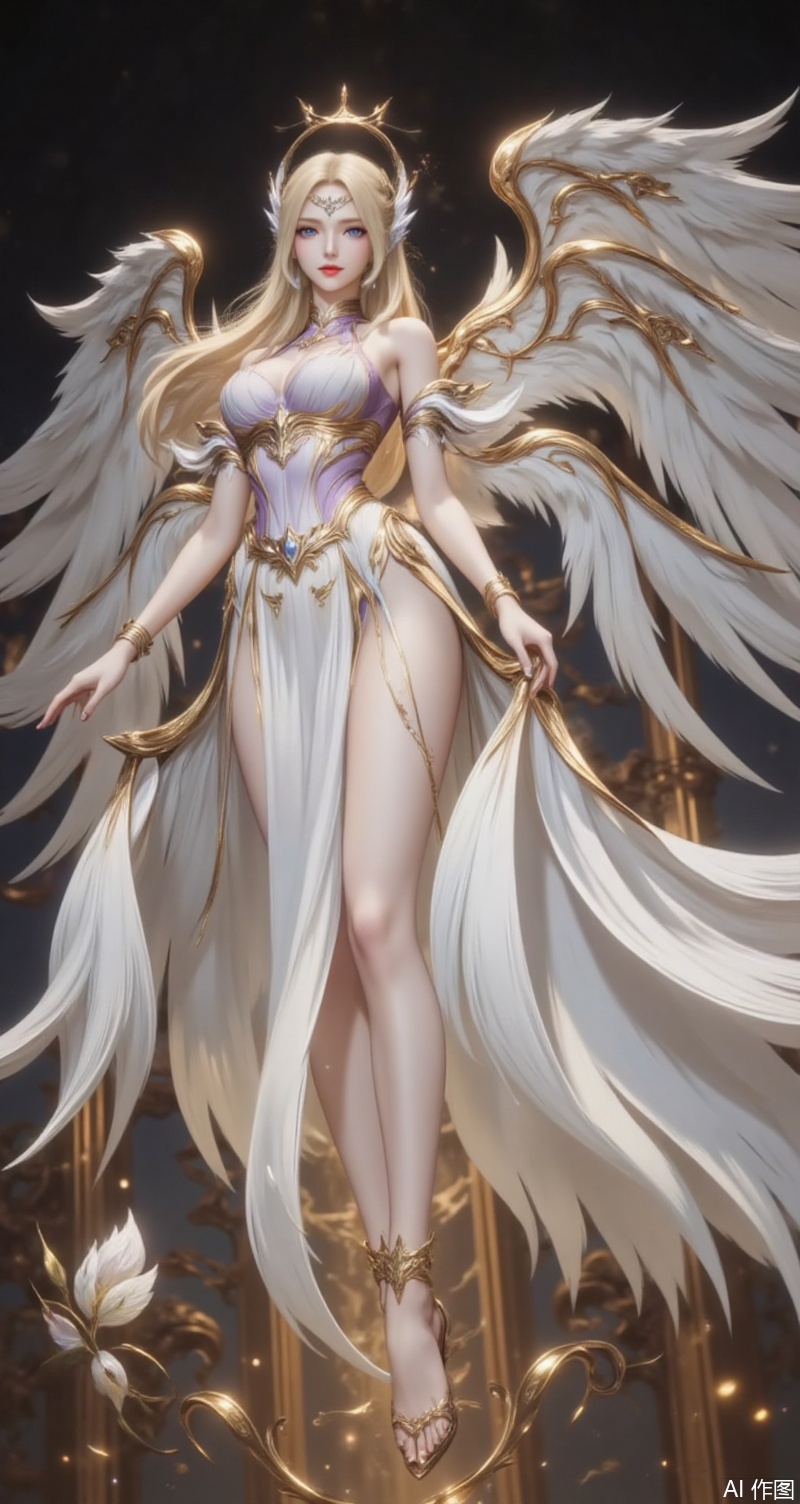 baoshi,lvjing,qianrenxue,1girl,wings,blonde hair,angel wings,long hair,solo,dress,blue eyes,breasts,flower,black_background,looking at viewer,jewelry,angel,white dress,halo,anklet,bracelet,full body,feathered wings,bare shoulders,armlet,white wings,9,
cover,simple background,gradient background,close-up details,outstanding style,adding a touch of dimension to your images without compromising details,close-up,
