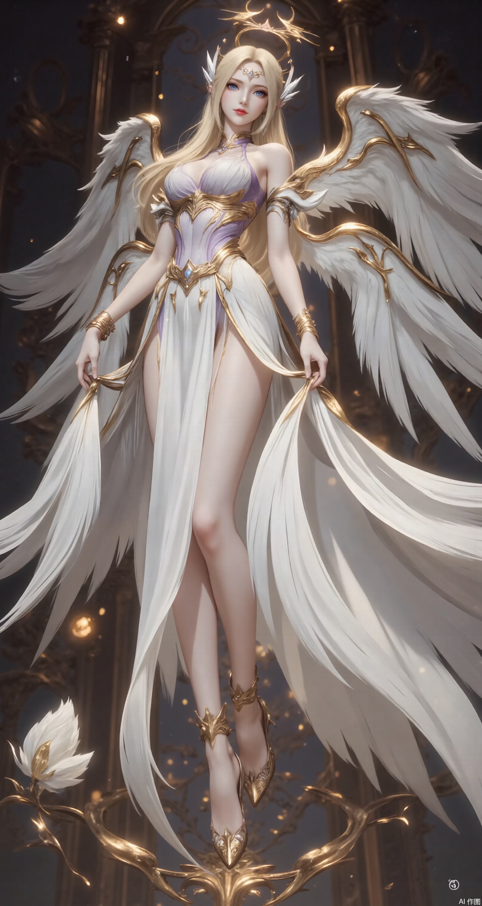baoshi,lvjing,qianrenxue,1girl,wings,blonde hair,angel wings,long hair,solo,dress,blue eyes,breasts,flower,black_background,looking at viewer,jewelry,angel,white dress,halo,anklet,bracelet,full body,feathered wings,bare shoulders,armlet,white wings,9,
cover,simple background,gradient background,close-up details,outstanding style,adding a touch of dimension to your images without compromising details,close-up,
