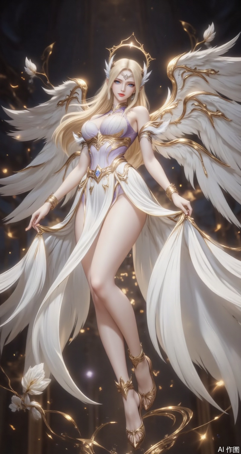 baoshi,lvjing,qianrenxue,1girl,wings,blonde hair,angel wings,long hair,solo,dress,blue eyes,breasts,flower,black_background,looking at viewer,jewelry,angel,white dress,halo,anklet,bracelet,full body,feathered wings,bare shoulders,armlet,white wings,9,
cover,simple background,gradient background,close-up details,outstanding style,adding a touch of dimension to your images without compromising details,close-up,
