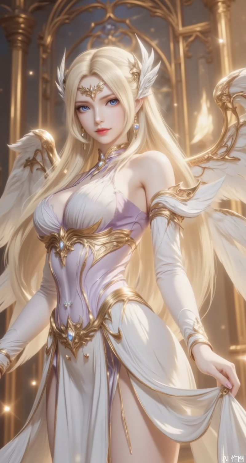 baoshi,lvjing,qianrenxue,1girl, blonde hair, wings, long hair, solo, dress, blue eyes, white dress, angel wings, jewelry, hair ornament, earrings, detached sleeves, outstretched hand, indoors, looking at viewer,4
cover,simple background,gradient background,close-up details,outstanding style,adding a touch of dimension to your images without compromising details,close-up,
