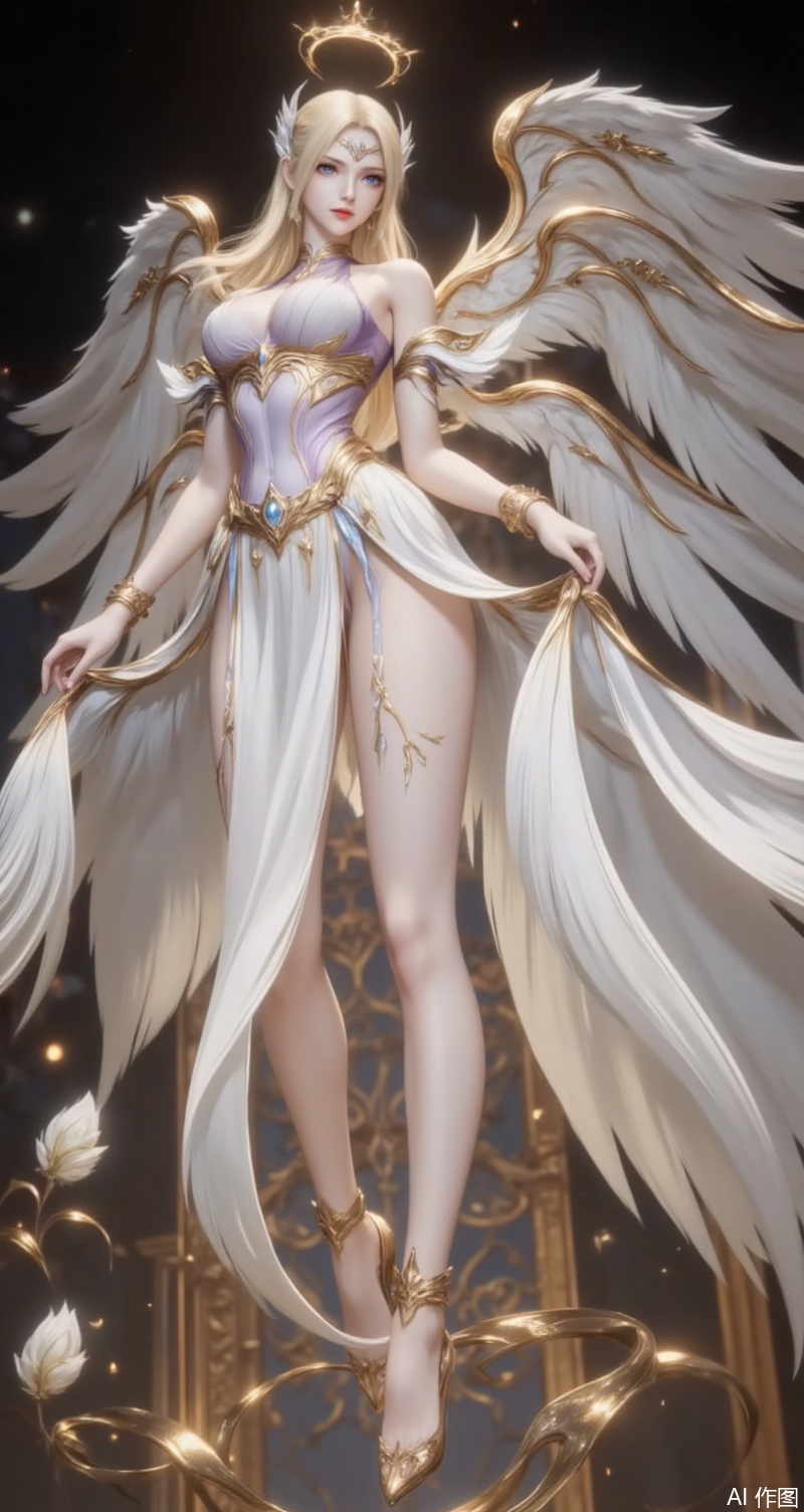 baoshi,lvjing,qianrenxue,1girl,wings,blonde hair,angel wings,long hair,solo,dress,blue eyes,breasts,flower,black_background,looking at viewer,jewelry,angel,white dress,halo,anklet,bracelet,full body,feathered wings,bare shoulders,armlet,white wings,9,
cover,simple background,gradient background,close-up details,outstanding style,adding a touch of dimension to your images without compromising details,close-up,
