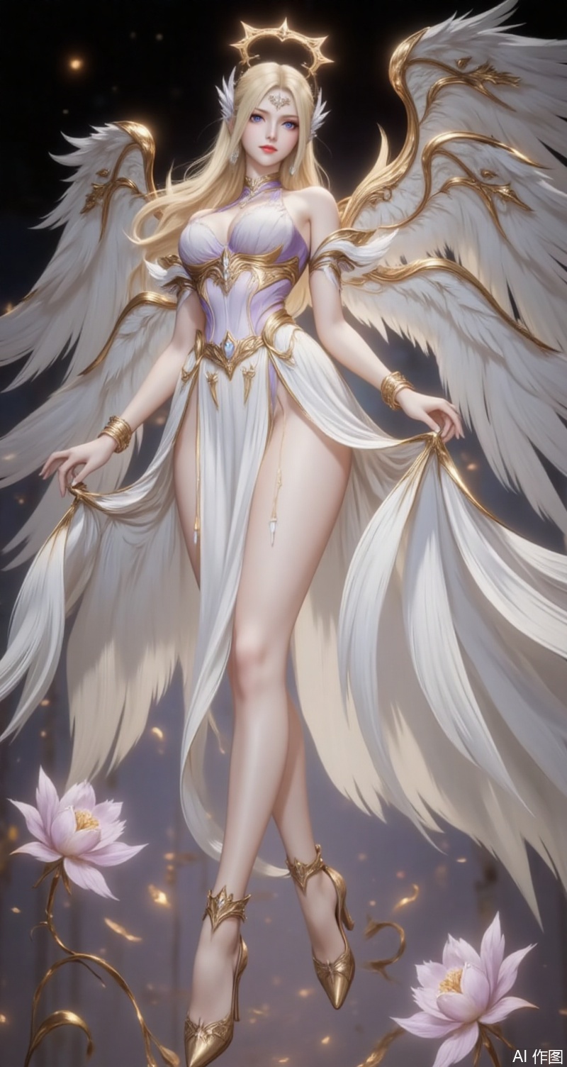baoshi,lvjing,qianrenxue,1girl,wings,blonde hair,angel wings,long hair,solo,dress,blue eyes,breasts,flower,black_background,looking at viewer,jewelry,angel,white dress,halo,anklet,bracelet,full body,feathered wings,bare shoulders,armlet,white wings,9,
cover,simple background,gradient background,close-up details,outstanding style,adding a touch of dimension to your images without compromising details,close-up,
