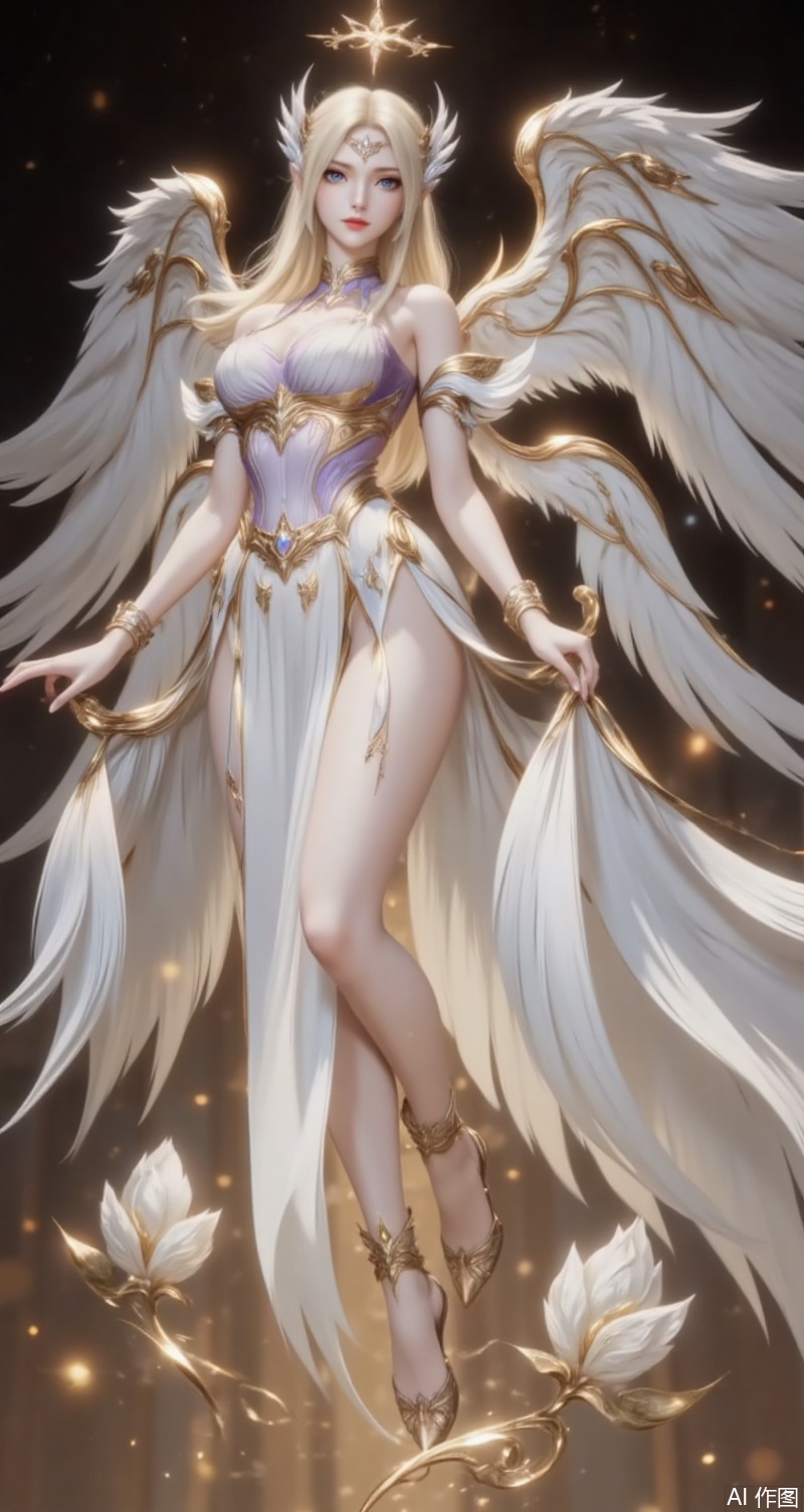baoshi,lvjing,qianrenxue,1girl,wings,blonde hair,angel wings,long hair,solo,dress,blue eyes,breasts,flower,black_background,looking at viewer,jewelry,angel,white dress,halo,anklet,bracelet,full body,feathered wings,bare shoulders,armlet,white wings,9,
cover,simple background,gradient background,close-up details,outstanding style,adding a touch of dimension to your images without compromising details,close-up,

