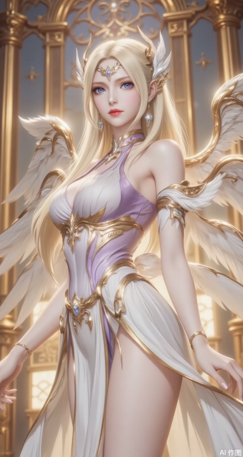 baoshi,lvjing,qianrenxue,1girl, blonde hair, wings, long hair, solo, dress, blue eyes, white dress, angel wings, jewelry, hair ornament, earrings, detached sleeves, outstretched hand, indoors, looking at viewer,4
cover,simple background,gradient background,close-up details,outstanding style,adding a touch of dimension to your images without compromising details,close-up,
