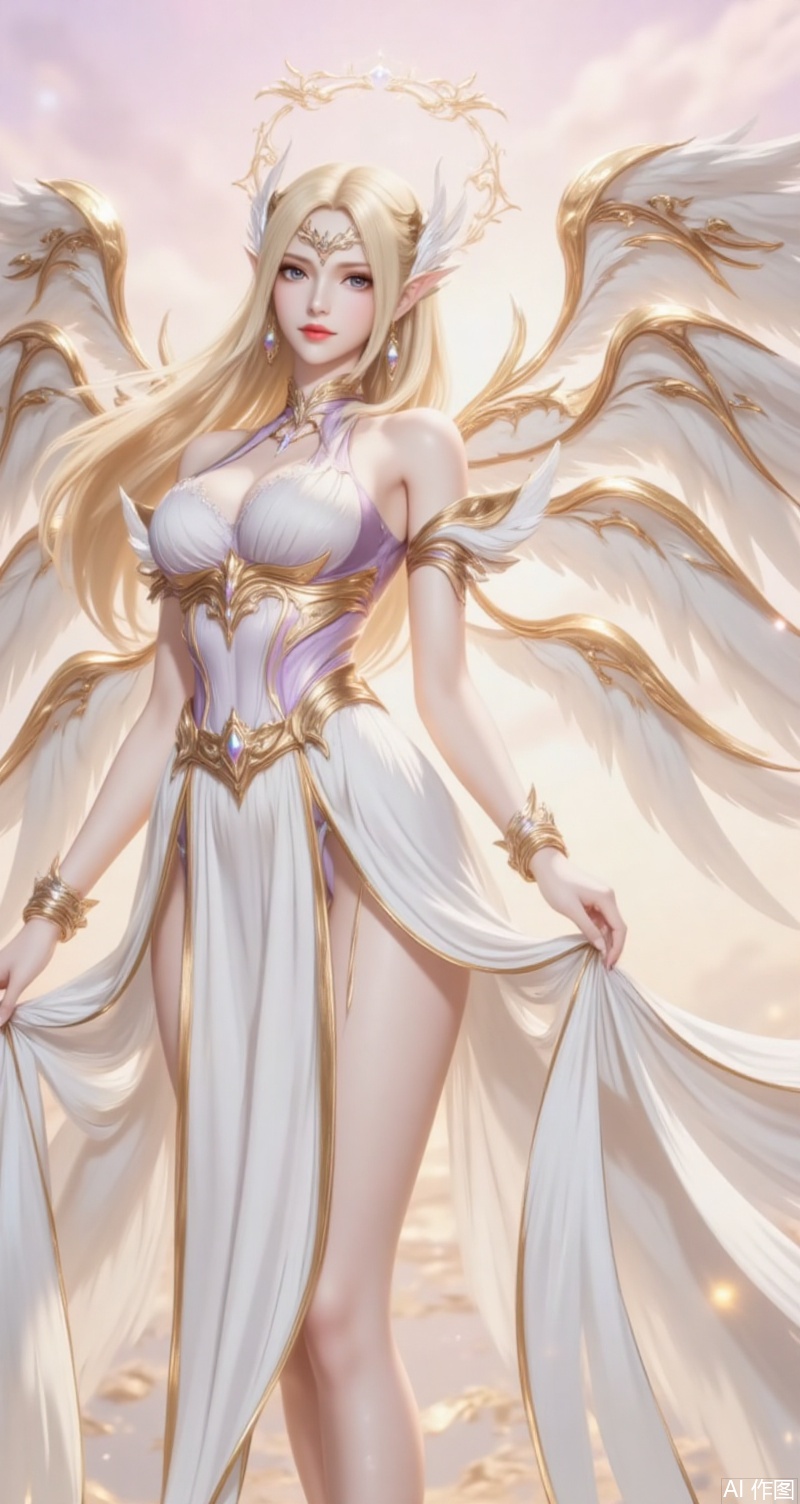 baoshi,lvjing,qianrenxue,1girl, blonde hair, breasts, wings, solo, long hair, dress, jewelry, pointy ears, bracelet, bare shoulders, white dress, large breasts, earrings, angel wings, hair ornament, skirt hold, armlet, lips, multiple wings,12
cover,simple background,gradient background,close-up details,outstanding style,adding a touch of dimension to your images without compromising details,close-up,
