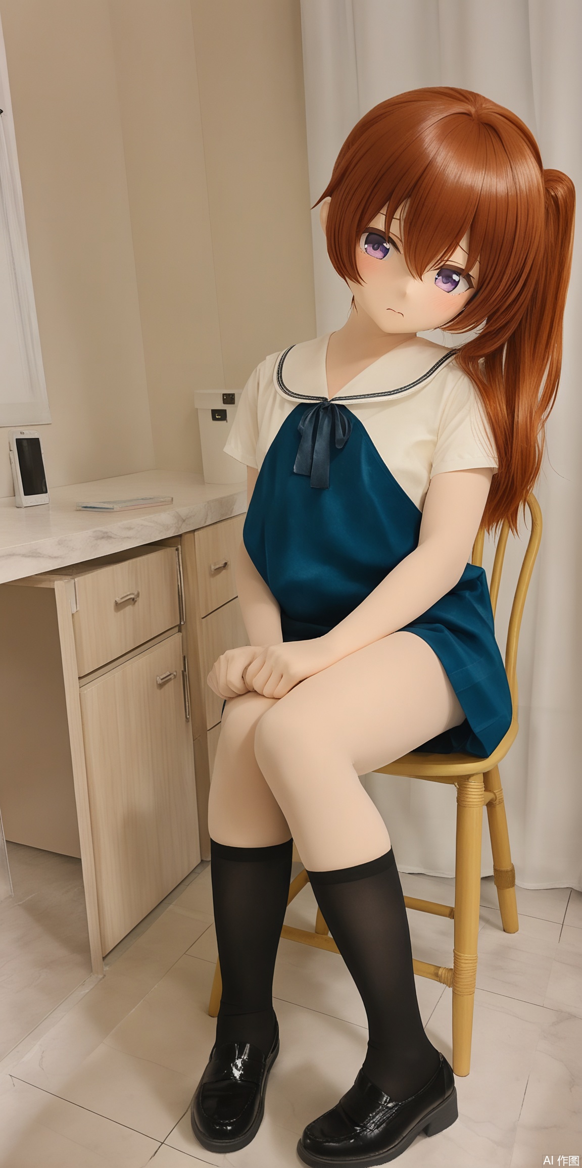 A young girl sits uncomfortably on a worn wooden chair, her legs splayed at an awkward angle as one foot dangles without shoes, while the other remains clad in scuffed leather footwear. Her expression is one of disgust and discomfort, her eyes squinted in distaste. A faint sheen of sweat glistens on her calf as it begins to leak with moisture. A cluttered desk lies beside a large window, where the warm sunlight streaming in creates a beautiful Tyndall effect, casting a mesmerizing glow over the scene