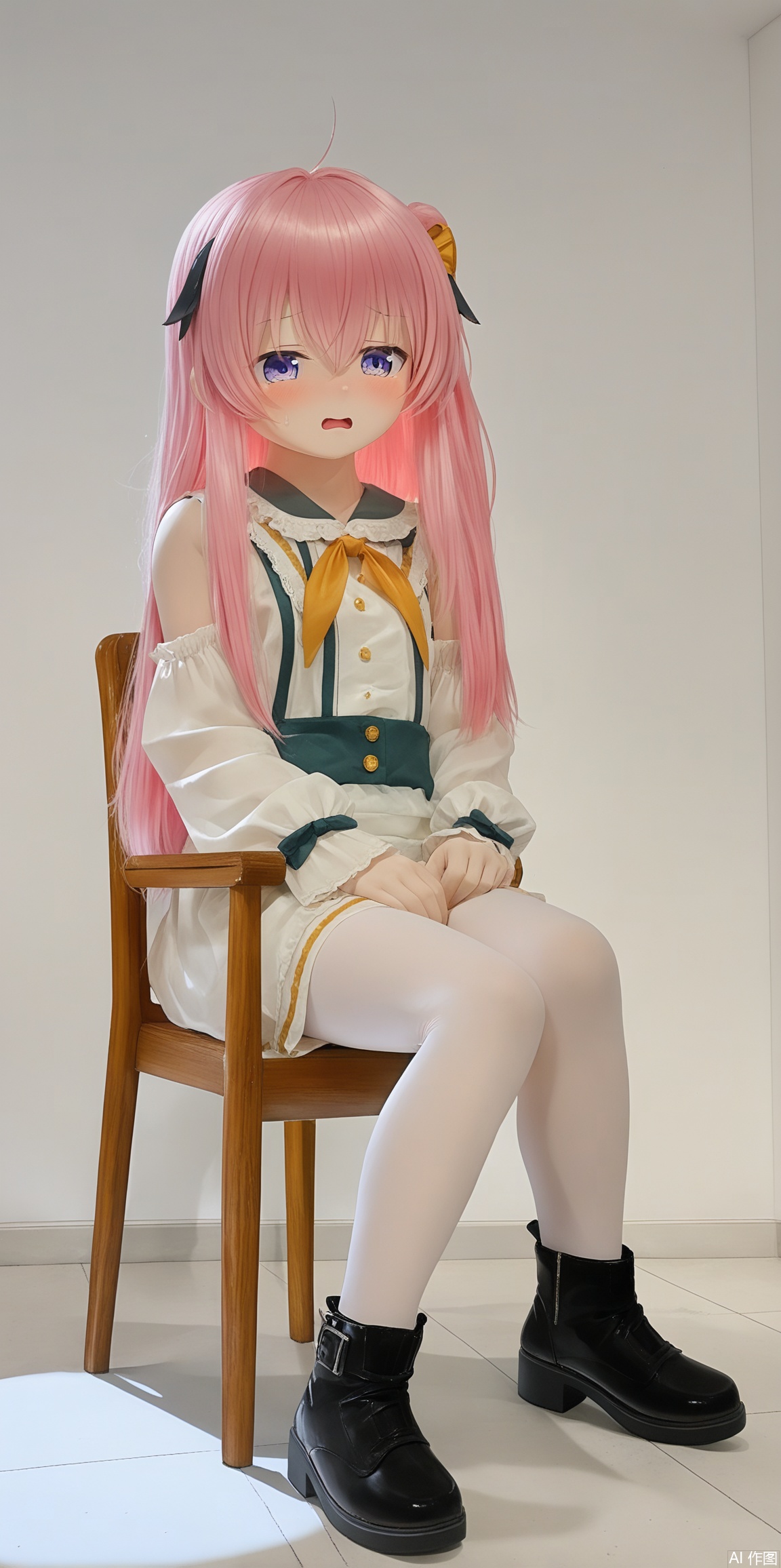 A young girl sits uncomfortably on a worn wooden chair, her legs splayed at an awkward angle as one foot dangles without shoes, while the other remains clad in scuffed leather footwear. Her expression is one of disgust and discomfort, her eyes squinted in distaste. A faint sheen of sweat glistens on her calf as it begins to leak with moisture. A cluttered desk lies beside a large window, where the warm sunlight streaming in creates a beautiful Tyndall effect, casting a mesmerizing glow over the scene