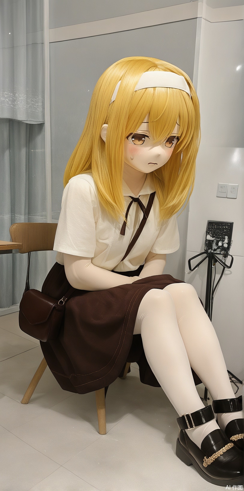 A young girl sits uncomfortably on a worn wooden chair, her legs splayed at an awkward angle as one foot dangles without shoes, while the other remains clad in scuffed leather footwear. Her expression is one of disgust and discomfort, her eyes squinted in distaste. A faint sheen of sweat glistens on her calf as it begins to leak with moisture. A cluttered desk lies beside a large window, where the warm sunlight streaming in creates a beautiful Tyndall effect, casting a mesmerizing glow over the scene.YanQiaoke,long_hair,shoulder bag,brown eyes,white shirt,Long skirt,yellow hair,ribbon headband,brown skirt,kigurumi
