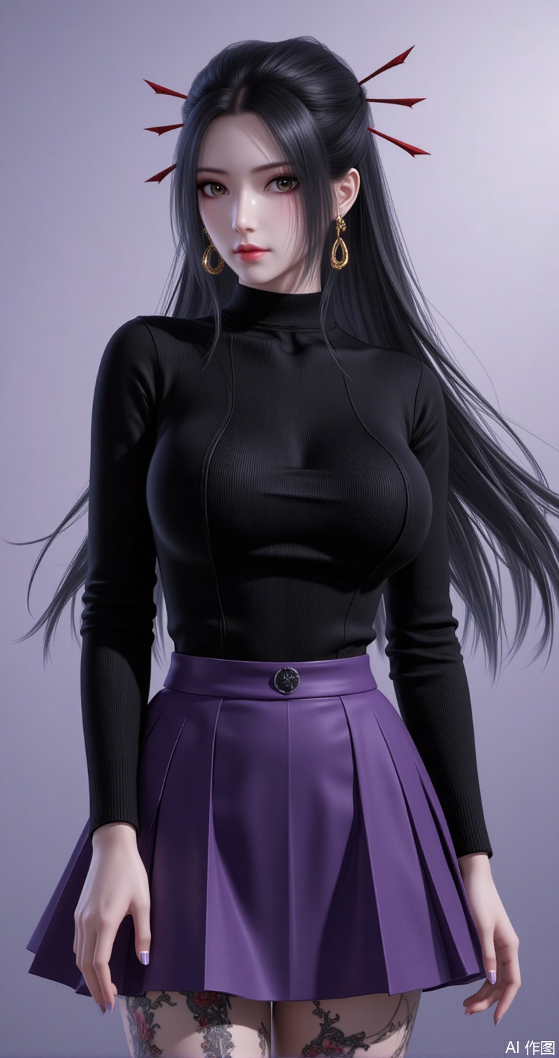 baoshi,lvjing,yanlingji,long hair,black hair,tattoo,jewelry,hair_stick,1girl,pantyhose,breasts,skirt,solo,ass,large breasts,bangs,black pantyhose,looking at viewer,purple skirt,black sweater,long sleeves,underwear,sweater,turtleneck,pleated skirt,black shirt,gradient background,simple background,simple background,gradient_background,cover,Close-up details,outstanding style,adding a touch of dimension to your images without compromising details,close-up,