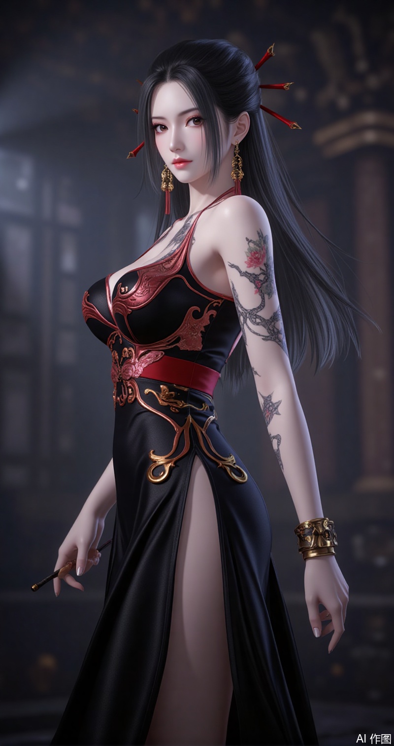 baoshi,lvjing,yanlingji,long hair,black hair,tattoo,jewelry,hair_stick, 1girl,dress,jewelry,earrings,china dress,chinese clothes,blurry background,blurry,breasts,solo,looking at viewer,hand on own hip,floral print,sleeveless,black dress,sleeveless dress,bracelet,parted lips,bare shoulders,side slit,cowboy shot,holding, cover,simple background,gradient background,close-up details,outstanding style,(baoshi),adding a touch of dimension to your images without compromising details,close-up,