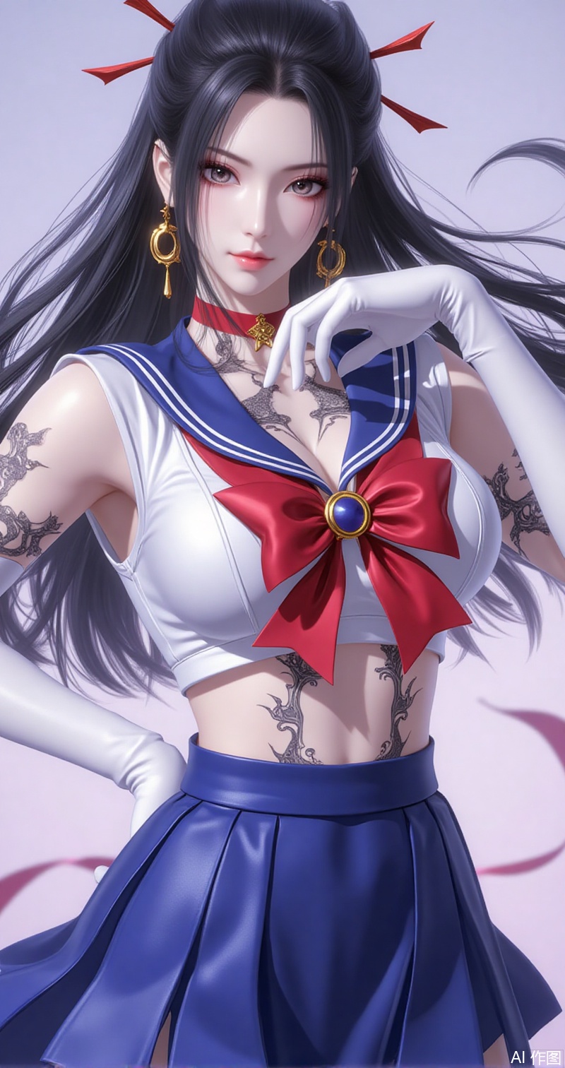 baoshi,lvjing,yanlingji,long hair,black hair,tattoo,jewelry,hair_stick, 1girl,solo,skirt,sailor senshi uniform,blue sailor collar,jewelry,gloves,sailor collar,blue skirt,choker,white gloves,earrings,crescent earrings,pleated skirt,bow,magical girl,red bow,crescent,elbow gloves,red choker,covered navel,hair ornament,looking at viewer,collarbone,bowtie,circlet, cover,simple background,gradient_background,Close-up details,outstanding style,adding a touch of dimension to your images without compromising details,close-up,lvjing,