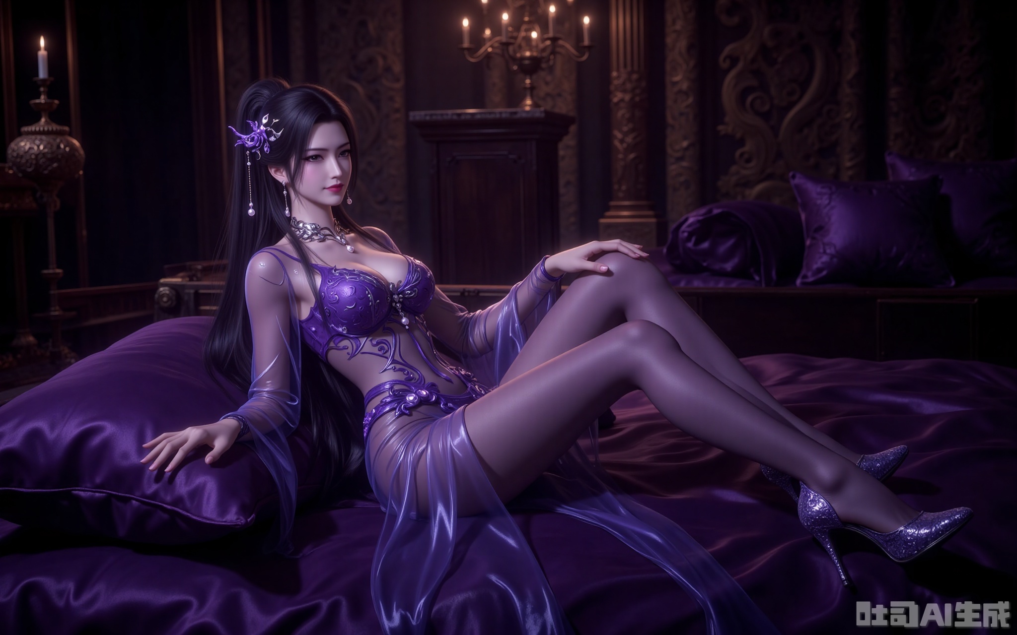 In the dimly lit chamber, flickering candlelight casts dancing shadows across gilded tapestries. Reclining upon silk-draped cushions, Madame Mingzhu is a vision of lethal allure—her semi-transparent violet gown cascades like liquid twilight, revealing tantalizing glimpses of porcelain skin beneath. The delicate phoenix hairpin adorned with gold filaments trembles with her every movement, its dangling pearls catching the glow of her amethyst eyes, enhanced by the smoldering lavender shadow upon her lids.

A crimson smile plays upon her lips as she crosses her sheer-clad legs, the jewel-encrusted stilettos at her toes scattering prismatic light across the sheets. Shot from a daring low angle, the composition immortalizes her intoxicating dominance—every detail rendered in razor-sharp clarity, from the intricate embroidery on her gown to the predatory grace in her posture. This is not mere beauty; it's a masterclass in visual seduction.
lvjing,lvjing,mingzhufuren