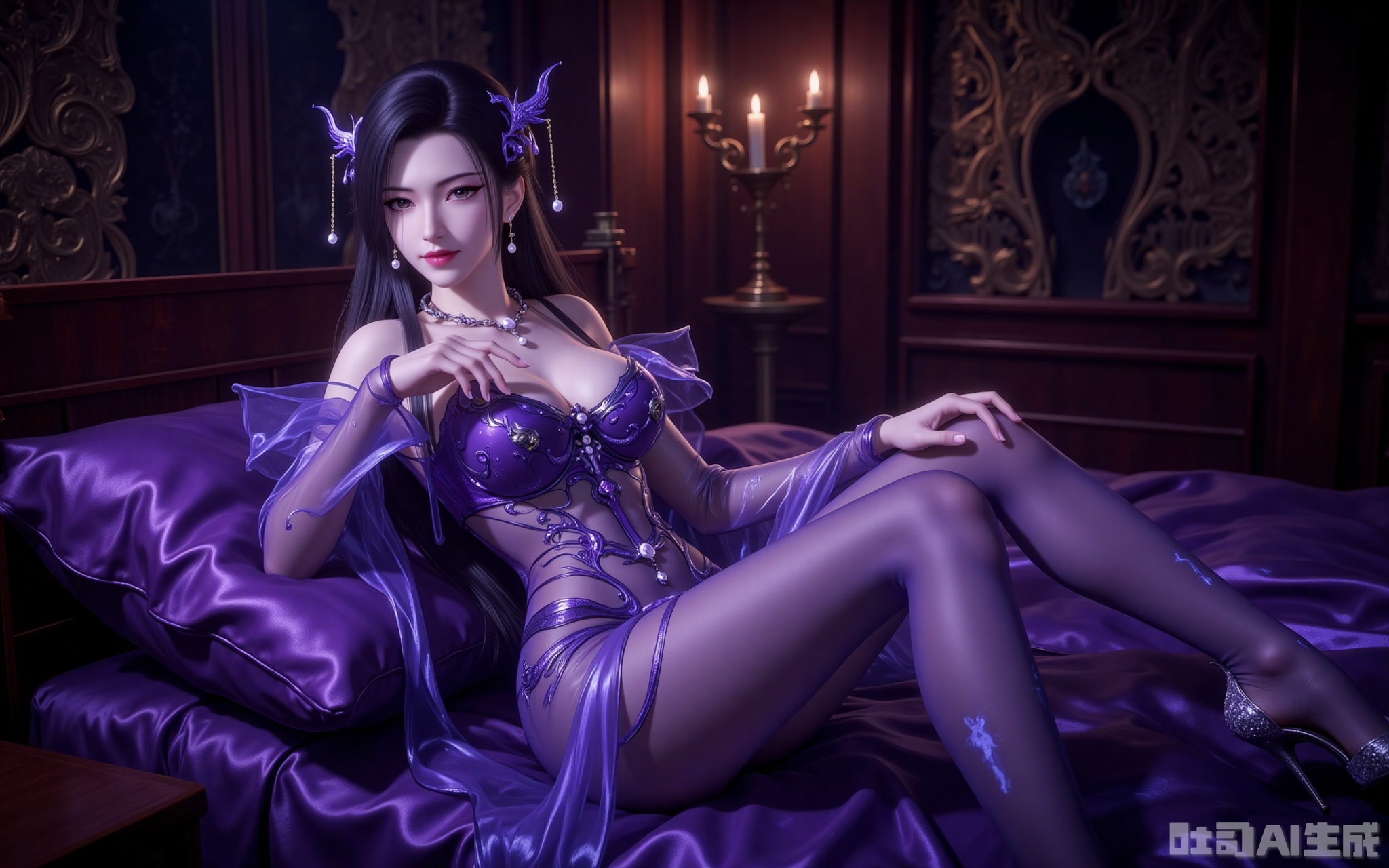 In the dimly lit chamber, flickering candlelight casts dancing shadows across gilded tapestries. Reclining upon silk-draped cushions, Madame Mingzhu is a vision of lethal allure—her semi-transparent violet gown cascades like liquid twilight, revealing tantalizing glimpses of porcelain skin beneath. The delicate phoenix hairpin adorned with gold filaments trembles with her every movement, its dangling pearls catching the glow of her amethyst eyes, enhanced by the smoldering lavender shadow upon her lids.

A crimson smile plays upon her lips as she crosses her sheer-clad legs, the jewel-encrusted stilettos at her toes scattering prismatic light across the sheets. Shot from a daring low angle, the composition immortalizes her intoxicating dominance—every detail rendered in razor-sharp clarity, from the intricate embroidery on her gown to the predatory grace in her posture. This is not mere beauty; it's a masterclass in visual seduction.
lvjing,lvjing,mingzhufuren