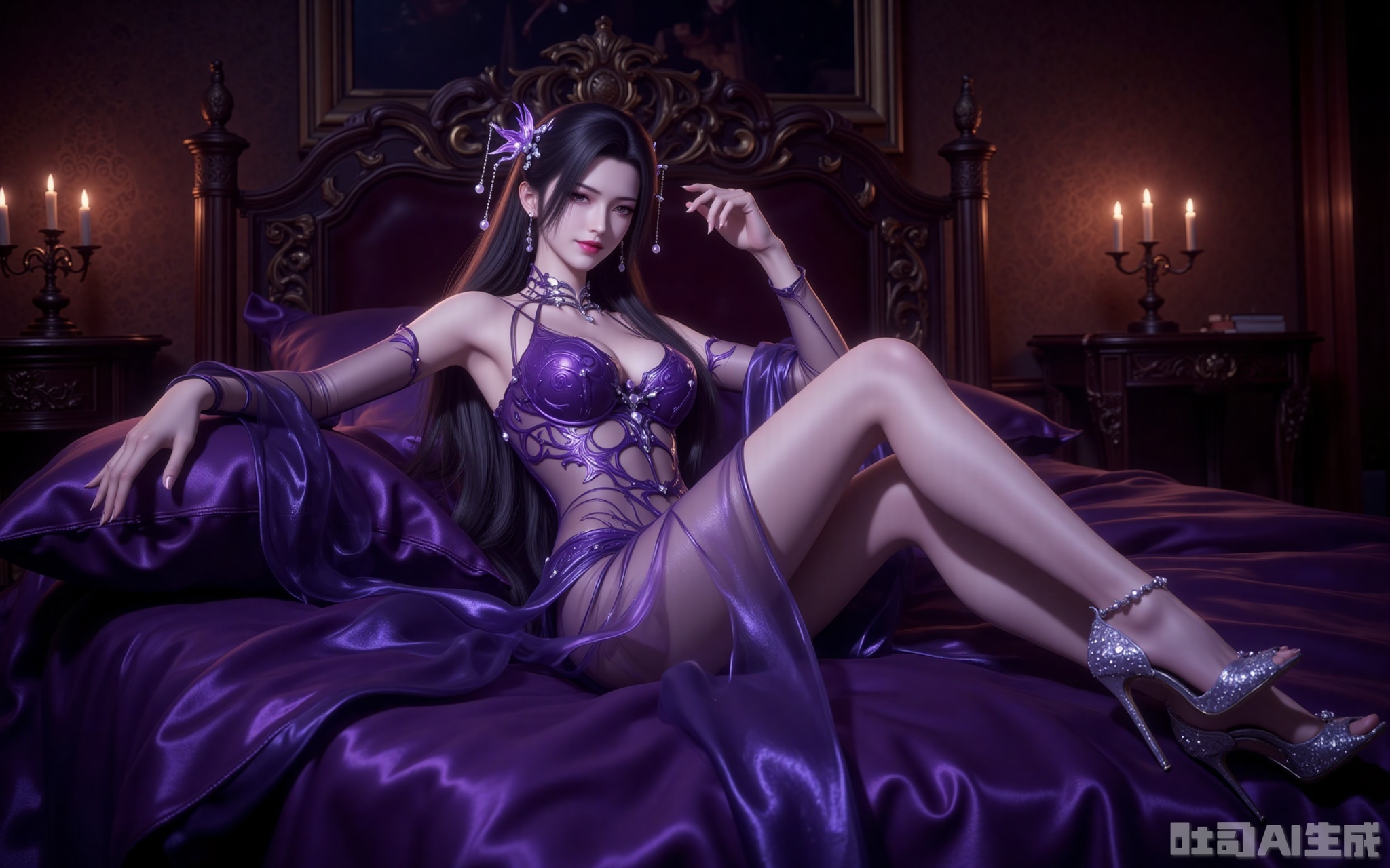 In the dimly lit chamber, flickering candlelight casts dancing shadows across gilded tapestries. Reclining upon silk-draped cushions, Madame Mingzhu is a vision of lethal allure—her semi-transparent violet gown cascades like liquid twilight, revealing tantalizing glimpses of porcelain skin beneath. The delicate phoenix hairpin adorned with gold filaments trembles with her every movement, its dangling pearls catching the glow of her amethyst eyes, enhanced by the smoldering lavender shadow upon her lids.

A crimson smile plays upon her lips as she crosses her sheer-clad legs, the jewel-encrusted stilettos at her toes scattering prismatic light across the sheets. Shot from a daring low angle, the composition immortalizes her intoxicating dominance—every detail rendered in razor-sharp clarity, from the intricate embroidery on her gown to the predatory grace in her posture. This is not mere beauty; it's a masterclass in visual seduction.
lvjing,lvjing,mingzhufuren