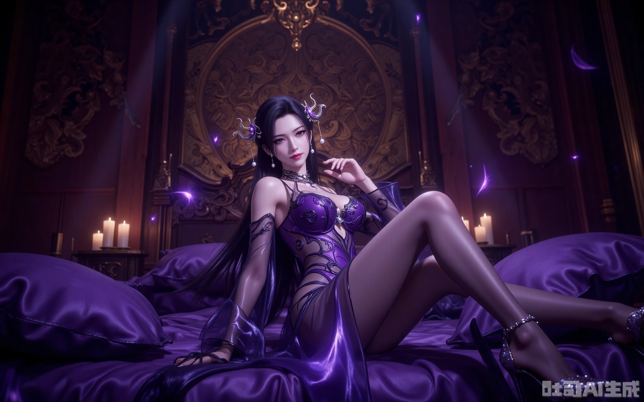 In the dimly lit chamber, flickering candlelight casts dancing shadows across gilded tapestries. Reclining upon silk-draped cushions, Madame Mingzhu is a vision of lethal allure—her semi-transparent violet gown cascades like liquid twilight, revealing tantalizing glimpses of porcelain skin beneath. The delicate phoenix hairpin adorned with gold filaments trembles with her every movement, its dangling pearls catching the glow of her amethyst eyes, enhanced by the smoldering lavender shadow upon her lids.

A crimson smile plays upon her lips as she crosses her sheer-clad legs, the jewel-encrusted stilettos at her toes scattering prismatic light across the sheets. Shot from a daring low angle, the composition immortalizes her intoxicating dominance—every detail rendered in razor-sharp clarity, from the intricate embroidery on her gown to the predatory grace in her posture. This is not mere beauty; it's a masterclass in visual seduction.
lvjing,lvjing,mingzhufuren