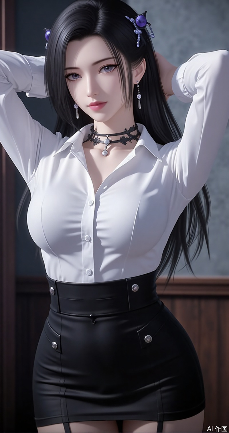 baoshi,lvjing,mingzhufuren,black hair,long hair,jewelry,earrings,hair_ornament,grey eyes,1girl,solo,shirt,pencil skirt,skirt,white shirt,black skirt,looking at viewer,collared shirt,collar,thighhighs,long sleeves,arms up,arms behind head,choker,breasts,high-waist skirt,red lips,office lady,lips,standing,cowboy shot,indoors,buttons,black thighhighs,dress shirt,realistic,black choker,cover,simple background,gradient background,close-up details,outstanding style,adding a touch of dimension to your images without compromising details,close-up,