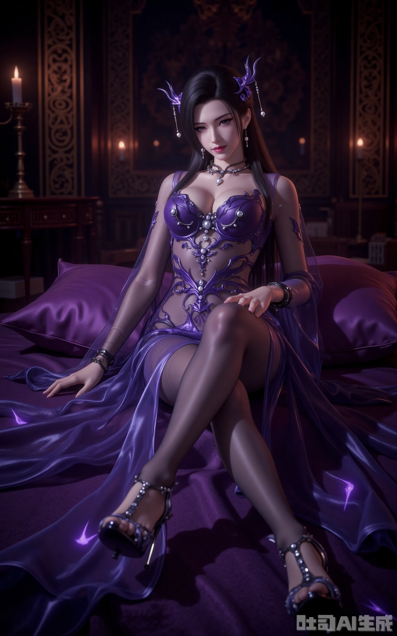 In the dimly lit chamber, flickering candlelight casts dancing shadows across gilded tapestries. Reclining upon silk-draped cushions, Madame Mingzhu is a vision of lethal allure—her semi-transparent violet gown cascades like liquid twilight, revealing tantalizing glimpses of porcelain skin beneath. The delicate phoenix hairpin adorned with gold filaments trembles with her every movement, its dangling pearls catching the glow of her amethyst eyes, enhanced by the smoldering lavender shadow upon her lids.

A crimson smile plays upon her lips as she crosses her sheer-clad legs, the jewel-encrusted stilettos at her toes scattering prismatic light across the sheets. Shot from a daring low angle, the composition immortalizes her intoxicating dominance—every detail rendered in razor-sharp clarity, from the intricate embroidery on her gown to the predatory grace in her posture. This is not mere beauty; it's a masterclass in visual seduction.
lvjing,lvjing,mingzhufuren