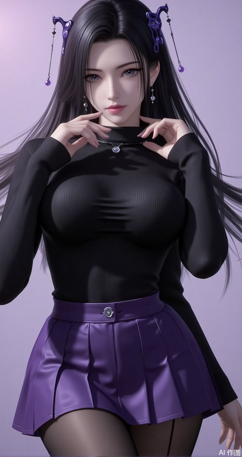 baoshi,lvjing,mingzhufuren,black hair,long hair,jewelry,earrings,hair_ornament,grey eyes,1girl,pantyhose,breasts,skirt,solo,ass,large breasts,bangs,black pantyhose,looking at viewer,purple skirt,black sweater,long sleeves,underwear,sweater,turtleneck,pleated skirt,black shirt,gradient background,simple background,simple background,gradient_background,cover,Close-up details,outstanding style,adding a touch of dimension to your images without compromising details,close-up,