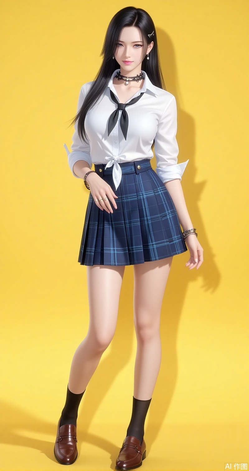 baoshi,lvjing,mingzhufuren,black hair,long hair,jewelry,earrings,hair_ornament,grey eyes,1girl,solo,skirt,shirt,necktie,jewelry,smile,full body,school uniform,black socks,socks,choker,brown footwear,white shirt,bracelet,loafers,pleated skirt,yellow background,earrings,shoes,blue skirt,looking at viewer,plaid skirt,plaid,ear piercing,ring,standing,collared shirt,tied shirt,black choker,sleeves rolled up,simple background,black necktie,6,cover,simple background,gradient background,close-up details,outstanding style,adding a touch of dimension to your images without compromising details,close-up