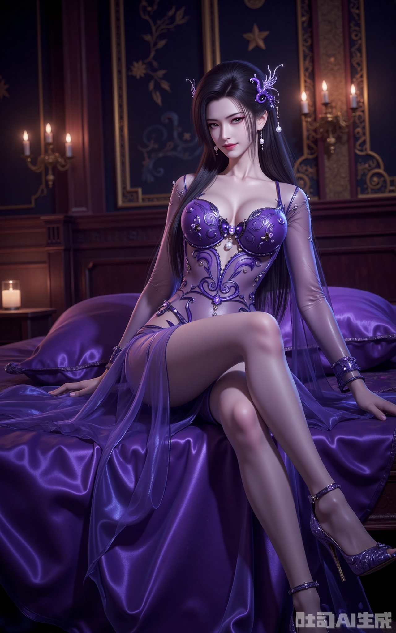 In the dimly lit chamber, flickering candlelight casts dancing shadows across gilded tapestries. Reclining upon silk-draped cushions, Madame Mingzhu is a vision of lethal allure—her semi-transparent violet gown cascades like liquid twilight, revealing tantalizing glimpses of porcelain skin beneath. The delicate phoenix hairpin adorned with gold filaments trembles with her every movement, its dangling pearls catching the glow of her amethyst eyes, enhanced by the smoldering lavender shadow upon her lids.

A crimson smile plays upon her lips as she crosses her sheer-clad legs, the jewel-encrusted stilettos at her toes scattering prismatic light across the sheets. Shot from a daring low angle, the composition immortalizes her intoxicating dominance—every detail rendered in razor-sharp clarity, from the intricate embroidery on her gown to the predatory grace in her posture. This is not mere beauty; it's a masterclass in visual seduction.
lvjing,lvjing,mingzhufuren