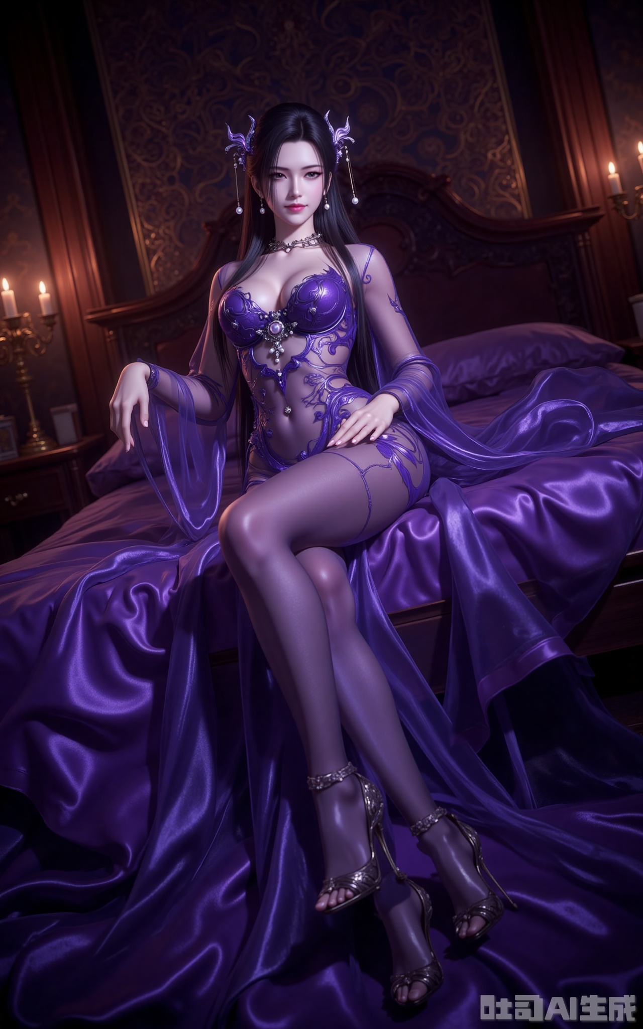 In the dimly lit chamber, flickering candlelight casts dancing shadows across gilded tapestries. Reclining upon silk-draped cushions, Madame Mingzhu is a vision of lethal allure—her semi-transparent violet gown cascades like liquid twilight, revealing tantalizing glimpses of porcelain skin beneath. The delicate phoenix hairpin adorned with gold filaments trembles with her every movement, its dangling pearls catching the glow of her amethyst eyes, enhanced by the smoldering lavender shadow upon her lids.

A crimson smile plays upon her lips as she crosses her sheer-clad legs, the jewel-encrusted stilettos at her toes scattering prismatic light across the sheets. Shot from a daring low angle, the composition immortalizes her intoxicating dominance—every detail rendered in razor-sharp clarity, from the intricate embroidery on her gown to the predatory grace in her posture. This is not mere beauty; it's a masterclass in visual seduction.
lvjing,lvjing,mingzhufuren