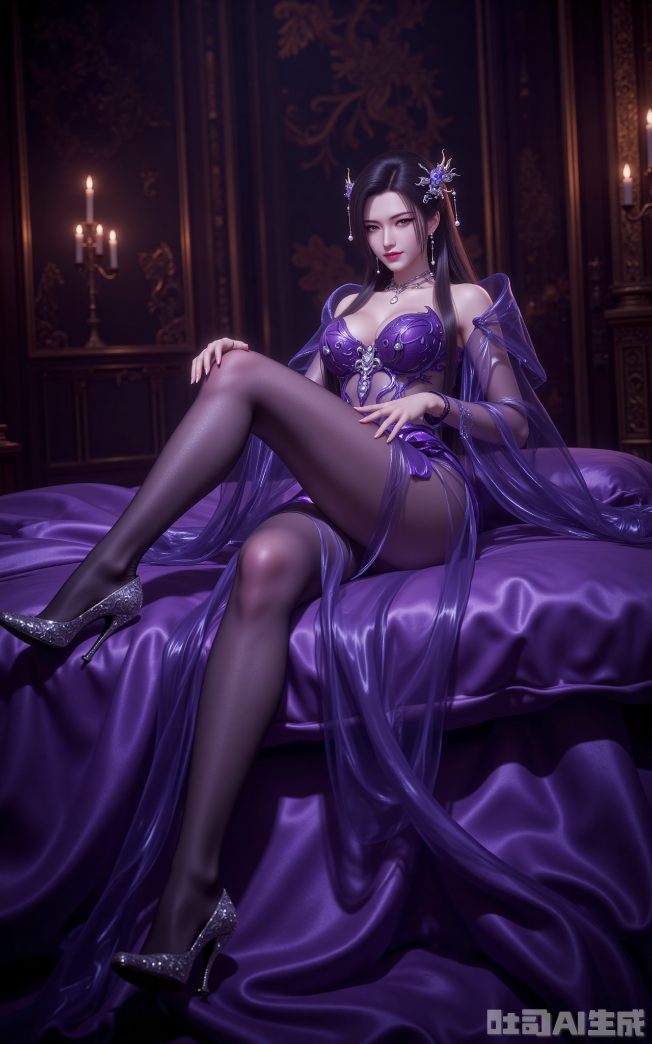 In the dimly lit chamber, flickering candlelight casts dancing shadows across gilded tapestries. Reclining upon silk-draped cushions, Madame Mingzhu is a vision of lethal allure—her semi-transparent violet gown cascades like liquid twilight, revealing tantalizing glimpses of porcelain skin beneath. The delicate phoenix hairpin adorned with gold filaments trembles with her every movement, its dangling pearls catching the glow of her amethyst eyes, enhanced by the smoldering lavender shadow upon her lids.

A crimson smile plays upon her lips as she crosses her sheer-clad legs, the jewel-encrusted stilettos at her toes scattering prismatic light across the sheets. Shot from a daring low angle, the composition immortalizes her intoxicating dominance—every detail rendered in razor-sharp clarity, from the intricate embroidery on her gown to the predatory grace in her posture. This is not mere beauty; it's a masterclass in visual seduction.
lvjing,lvjing,mingzhufuren