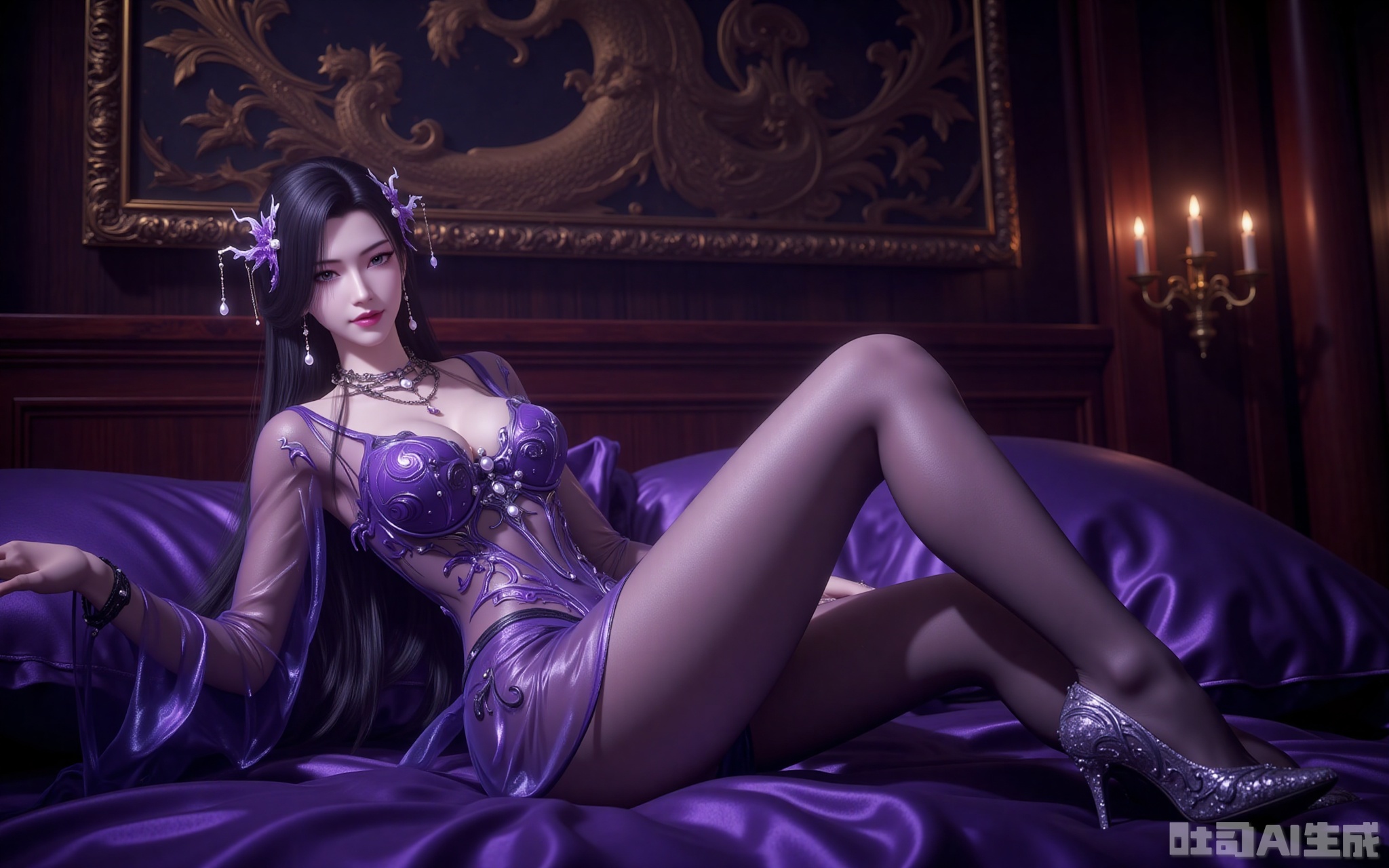 In the dimly lit chamber, flickering candlelight casts dancing shadows across gilded tapestries. Reclining upon silk-draped cushions, Madame Mingzhu is a vision of lethal allure—her semi-transparent violet gown cascades like liquid twilight, revealing tantalizing glimpses of porcelain skin beneath. The delicate phoenix hairpin adorned with gold filaments trembles with her every movement, its dangling pearls catching the glow of her amethyst eyes, enhanced by the smoldering lavender shadow upon her lids.

A crimson smile plays upon her lips as she crosses her sheer-clad legs, the jewel-encrusted stilettos at her toes scattering prismatic light across the sheets. Shot from a daring low angle, the composition immortalizes her intoxicating dominance—every detail rendered in razor-sharp clarity, from the intricate embroidery on her gown to the predatory grace in her posture. This is not mere beauty; it's a masterclass in visual seduction.
lvjing,lvjing,mingzhufuren