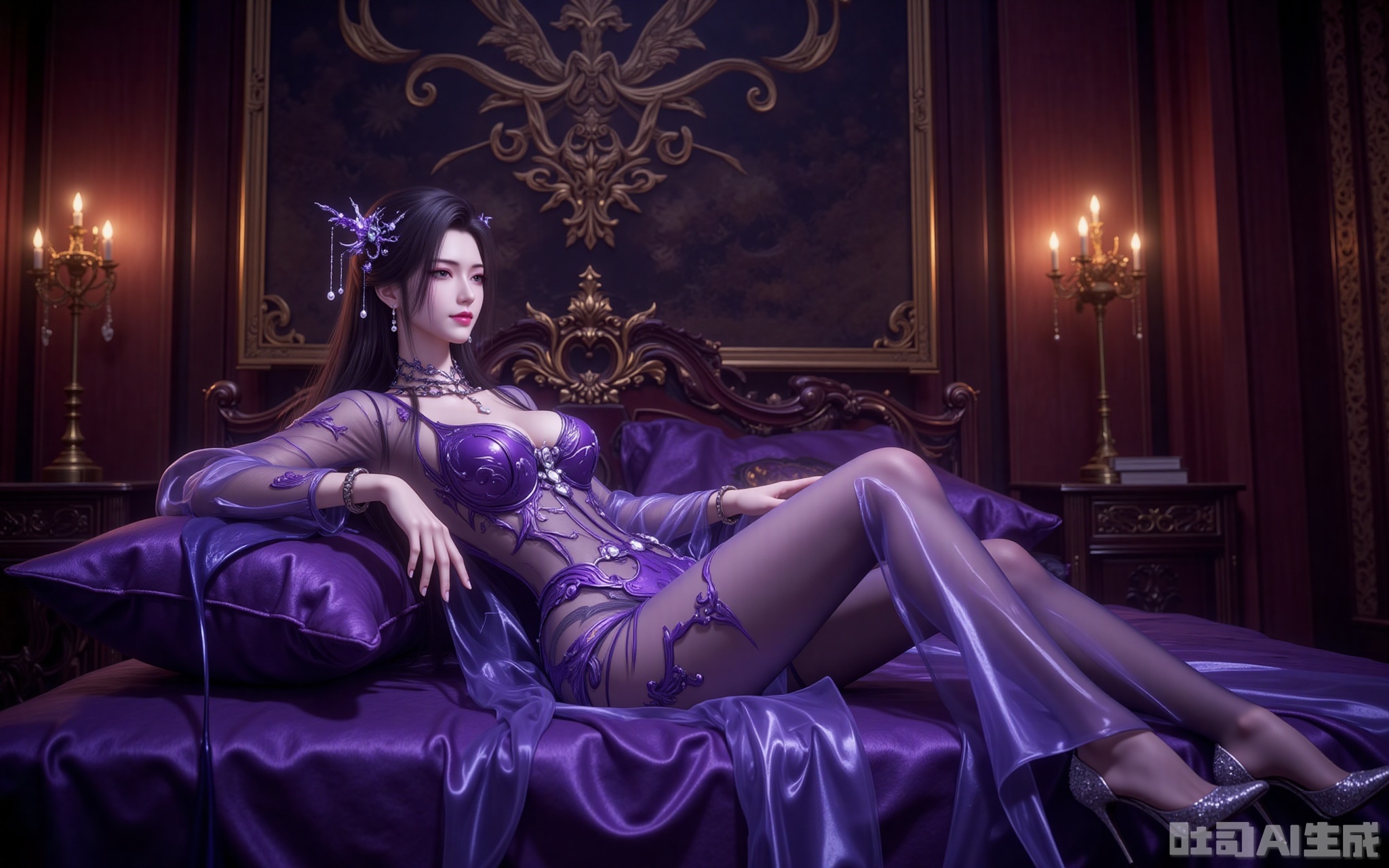 In the dimly lit chamber, flickering candlelight casts dancing shadows across gilded tapestries. Reclining upon silk-draped cushions, Madame Mingzhu is a vision of lethal allure—her semi-transparent violet gown cascades like liquid twilight, revealing tantalizing glimpses of porcelain skin beneath. The delicate phoenix hairpin adorned with gold filaments trembles with her every movement, its dangling pearls catching the glow of her amethyst eyes, enhanced by the smoldering lavender shadow upon her lids.

A crimson smile plays upon her lips as she crosses her sheer-clad legs, the jewel-encrusted stilettos at her toes scattering prismatic light across the sheets. Shot from a daring low angle, the composition immortalizes her intoxicating dominance—every detail rendered in razor-sharp clarity, from the intricate embroidery on her gown to the predatory grace in her posture. This is not mere beauty; it's a masterclass in visual seduction.
lvjing,lvjing,mingzhufuren