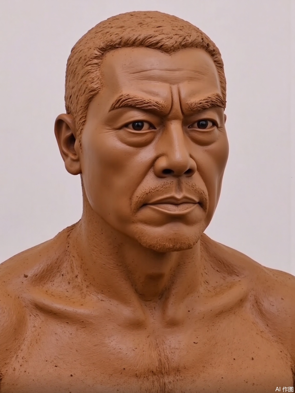 A middle-aged man's upper body is made of brown and red clay sculptures. The man's eyebrows are as bright as torches, thick eyebrows and big eyes, and masculinity. The whole is made of mud.