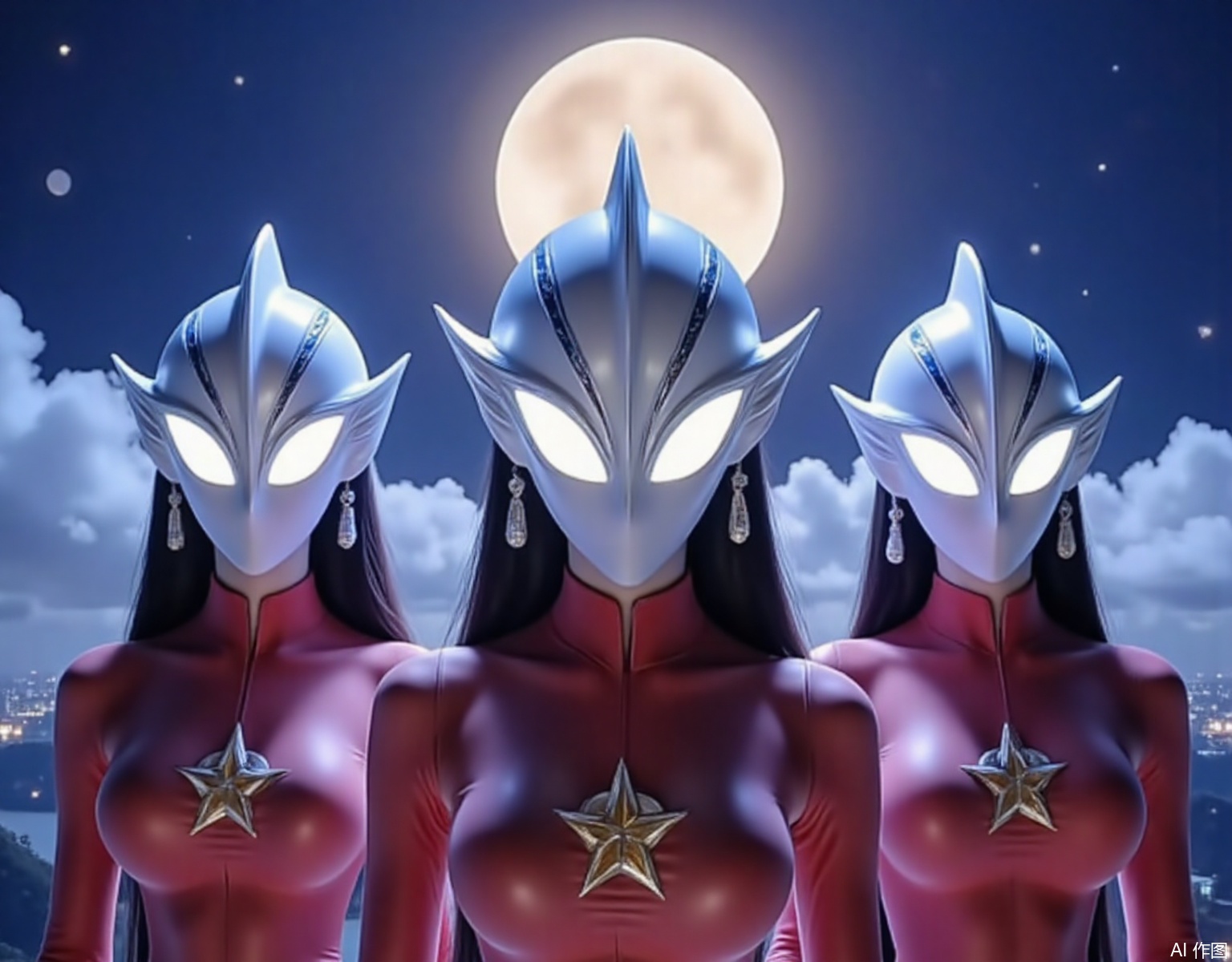 Several girls stand apart,They brought different kinds of Ultraman helmets. with long black hair, dangling earrings, necklaces, large breasts, slim waists, and long legs, Wearing a scarlet battle suit with a golden pentagram pattern on it, the eyes of the helmets have long glowing eyelashes, the corners of the eyes on the helmets are long, horns grow on the helmets, and the eyes of the helmets emit rays of various colors.atm,Standing at the top of Mount Tai, there is a fiery sun amidst the swirling clouds,Starlight filter,with white dots dotting the entire image,YLN,juru2